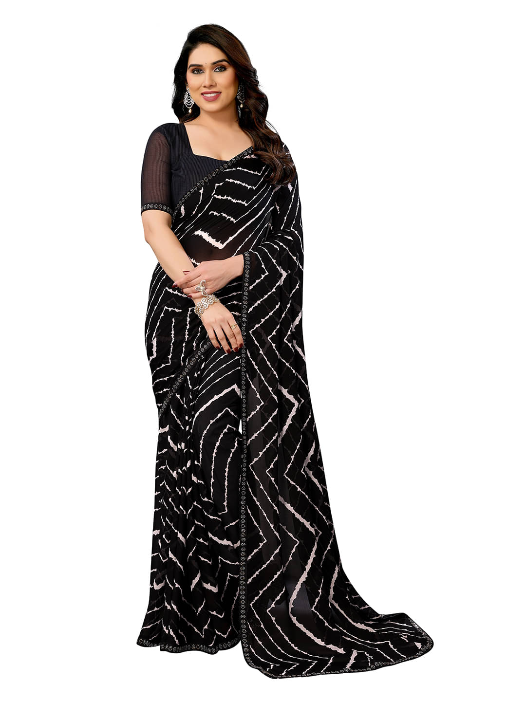     			ANAND SAREES Georgette Embellished Leheriya Saree With Unstitched Blouse Piece ( Black )