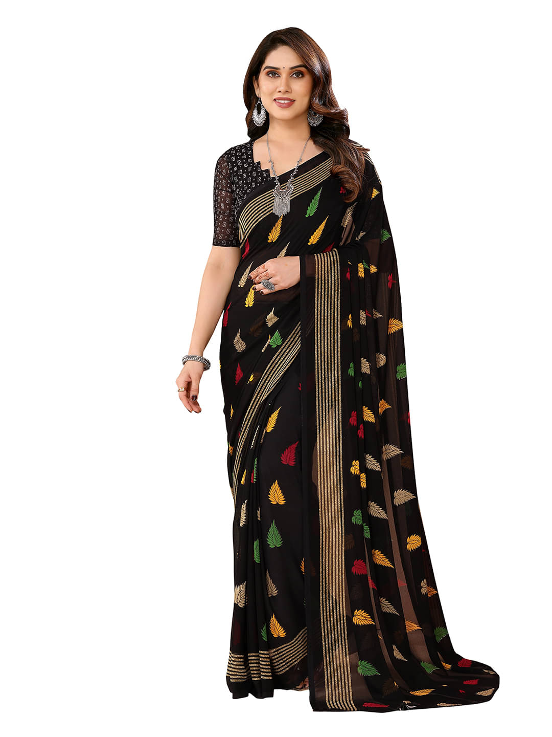 ANAND SAREES Georgette Printed Chanderi saree With Unstitched Blouse Piece ( Black ) ANAND SAREES Georgette Printed Chanderi saree With Unstitched Blouse Piece ( Black )