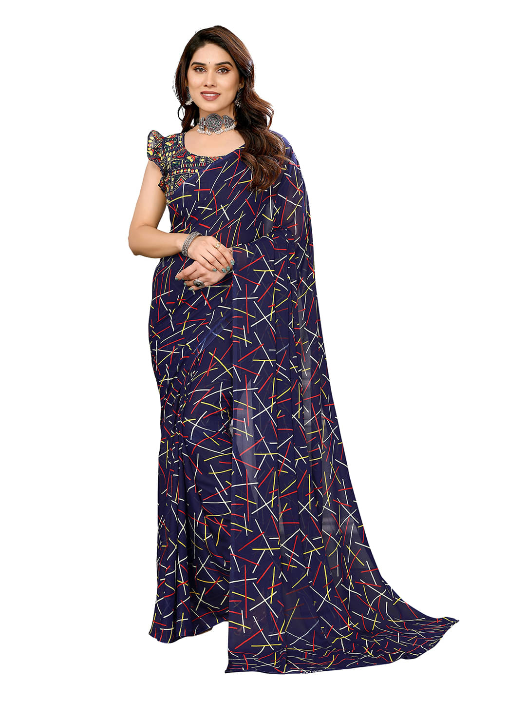 ANAND SAREES Georgette Printed Chanderi saree With Unstitched Blouse Piece ( Blue ) ANAND SAREES Georgette Printed Chanderi saree With Unstitched Blouse Piece ( Blue )