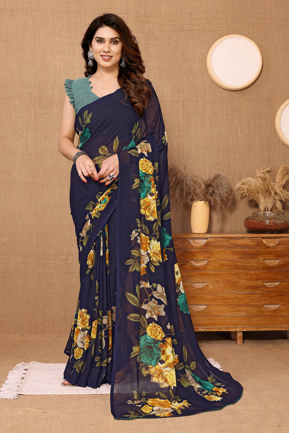 ANAND SAREES Georgette Printed Chanderi saree With Unstitched Blouse Piece ( Blue ) ANAND SAREES Georgette Printed Chanderi saree With Unstitched Blouse Piece ( Blue )