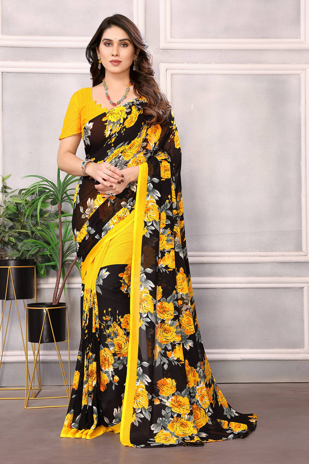 ANAND SAREES Georgette Printed Chanderi saree With Unstitched Blouse Piece ( Yellow ) ANAND SAREES Georgette Printed Chanderi saree With Unstitched Blouse Piece ( Yellow )
