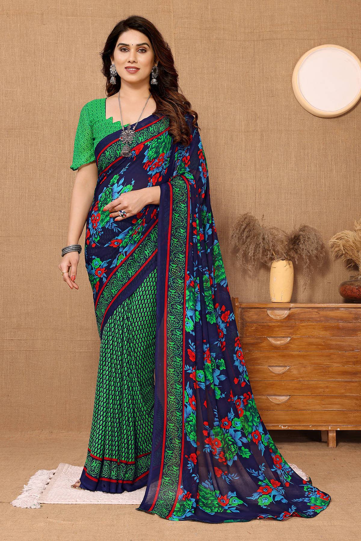 ANAND SAREES Georgette Printed Chanderi saree With Unstitched Blouse Piece ( Green )     			ANAND SAREES Georgette Printed Chanderi saree With Unstitched Blouse Piece ( Green )