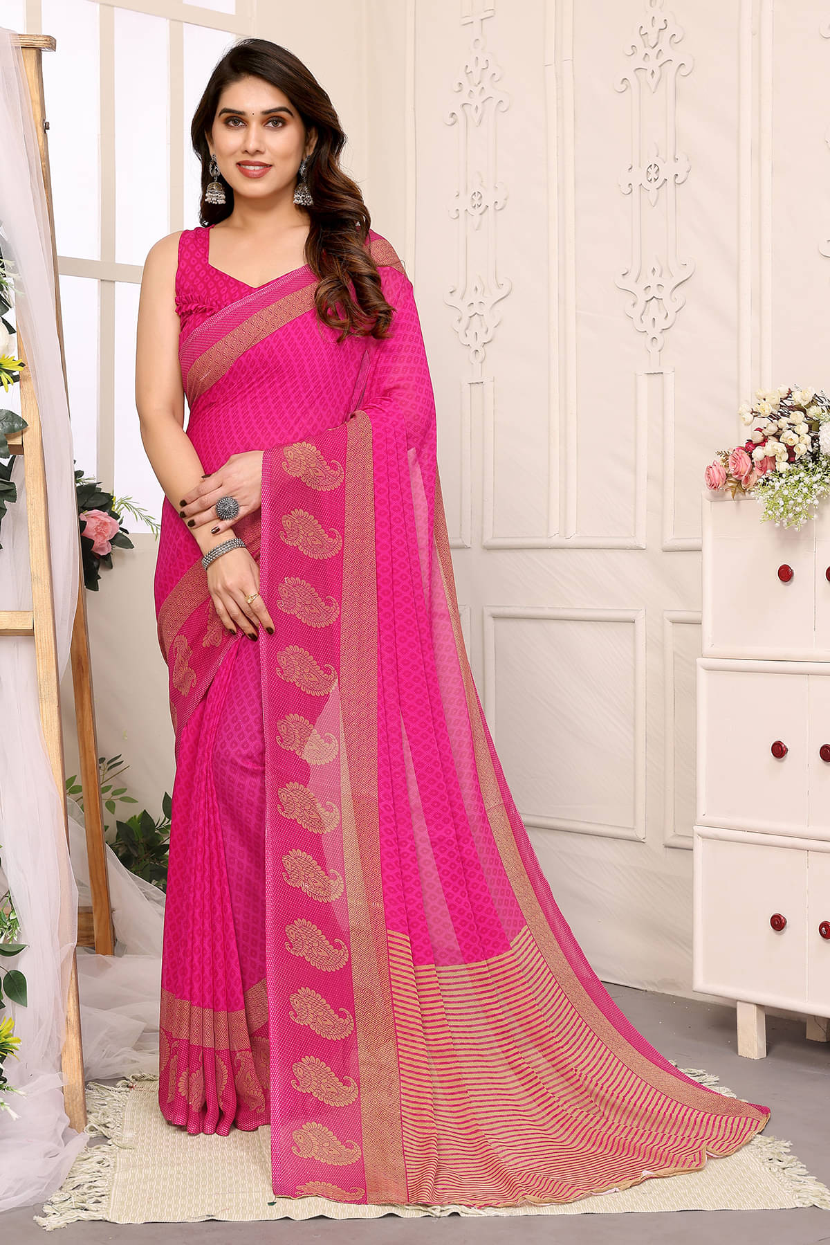 ANAND SAREES Georgette Printed Chanderi saree With Unstitched Blouse Piece ( Pink ) ANAND SAREES Georgette Printed Chanderi saree With Unstitched Blouse Piece ( Pink )