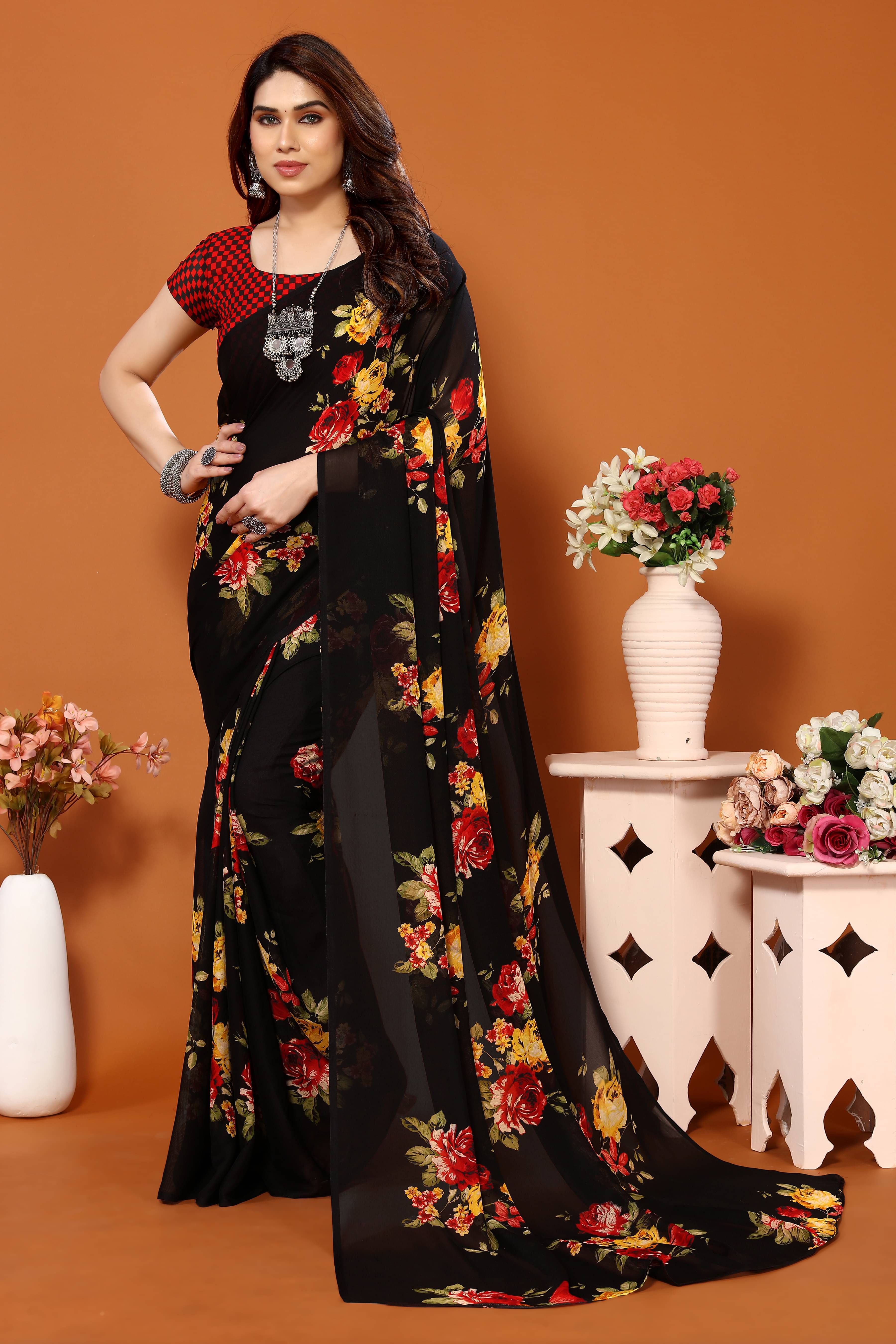 ANAND SAREES Georgette Printed Chanderi saree With Unstitched Blouse Piece ( Black ) ANAND SAREES Georgette Printed Chanderi saree With Unstitched Blouse Piece ( Black )