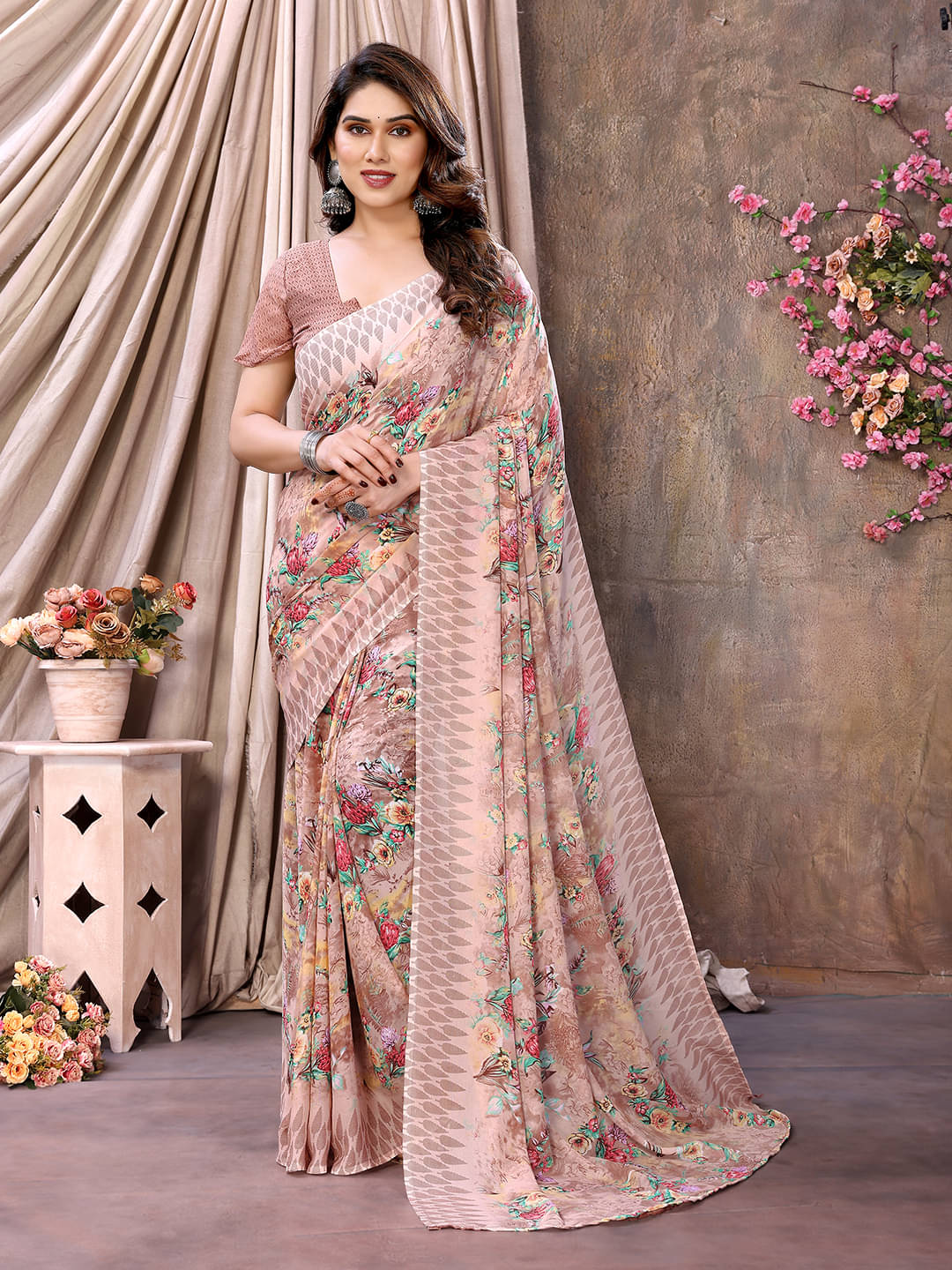 ANAND SAREES Georgette Printed Chanderi saree With Unstitched Blouse Piece ( Peach )     			ANAND SAREES Georgette Printed Chanderi saree With Unstitched Blouse Piece ( Peach )