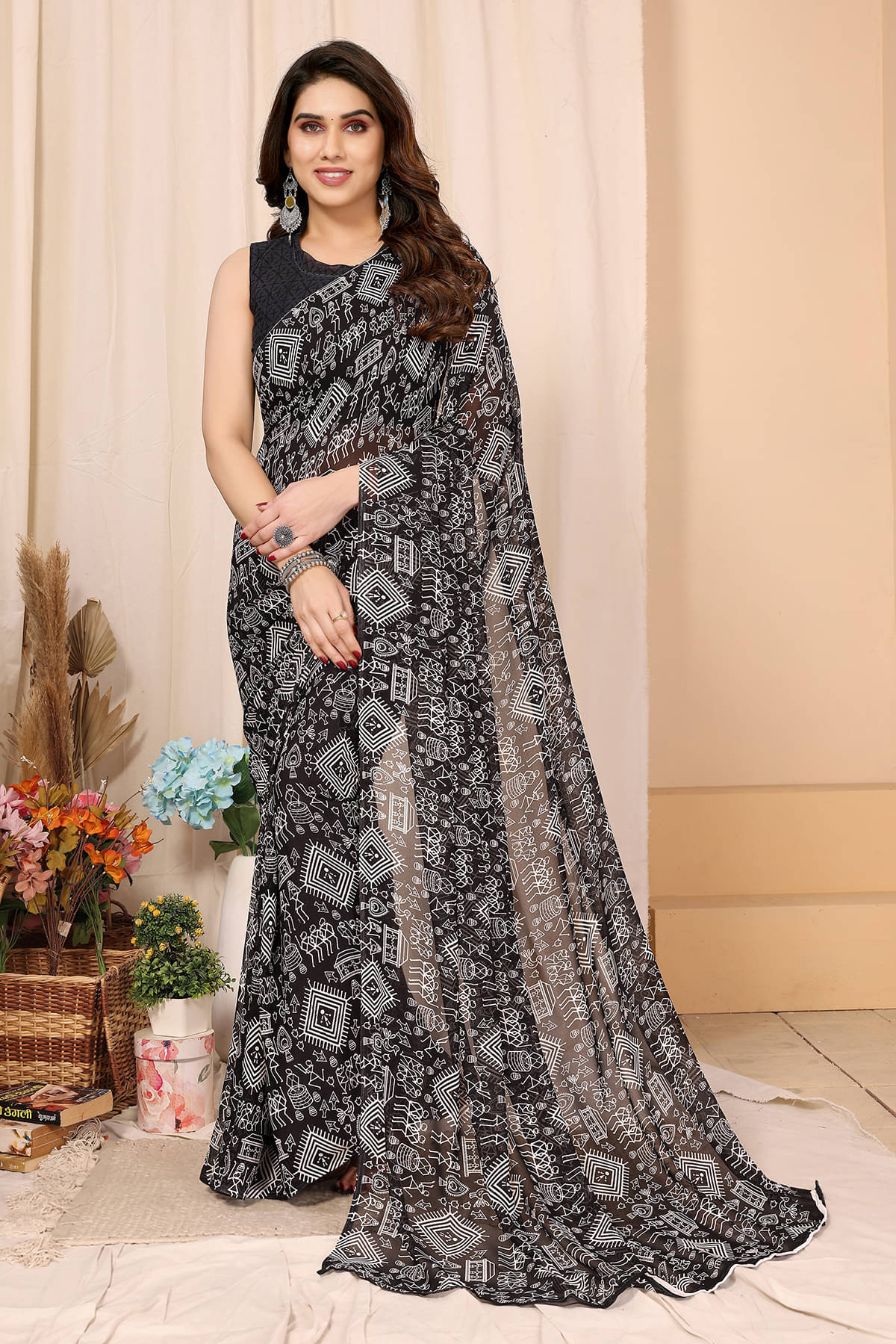 ANAND SAREES Georgette Printed Chanderi saree With Unstitched Blouse Piece ( Black ) ANAND SAREES Georgette Printed Chanderi saree With Unstitched Blouse Piece ( Black )