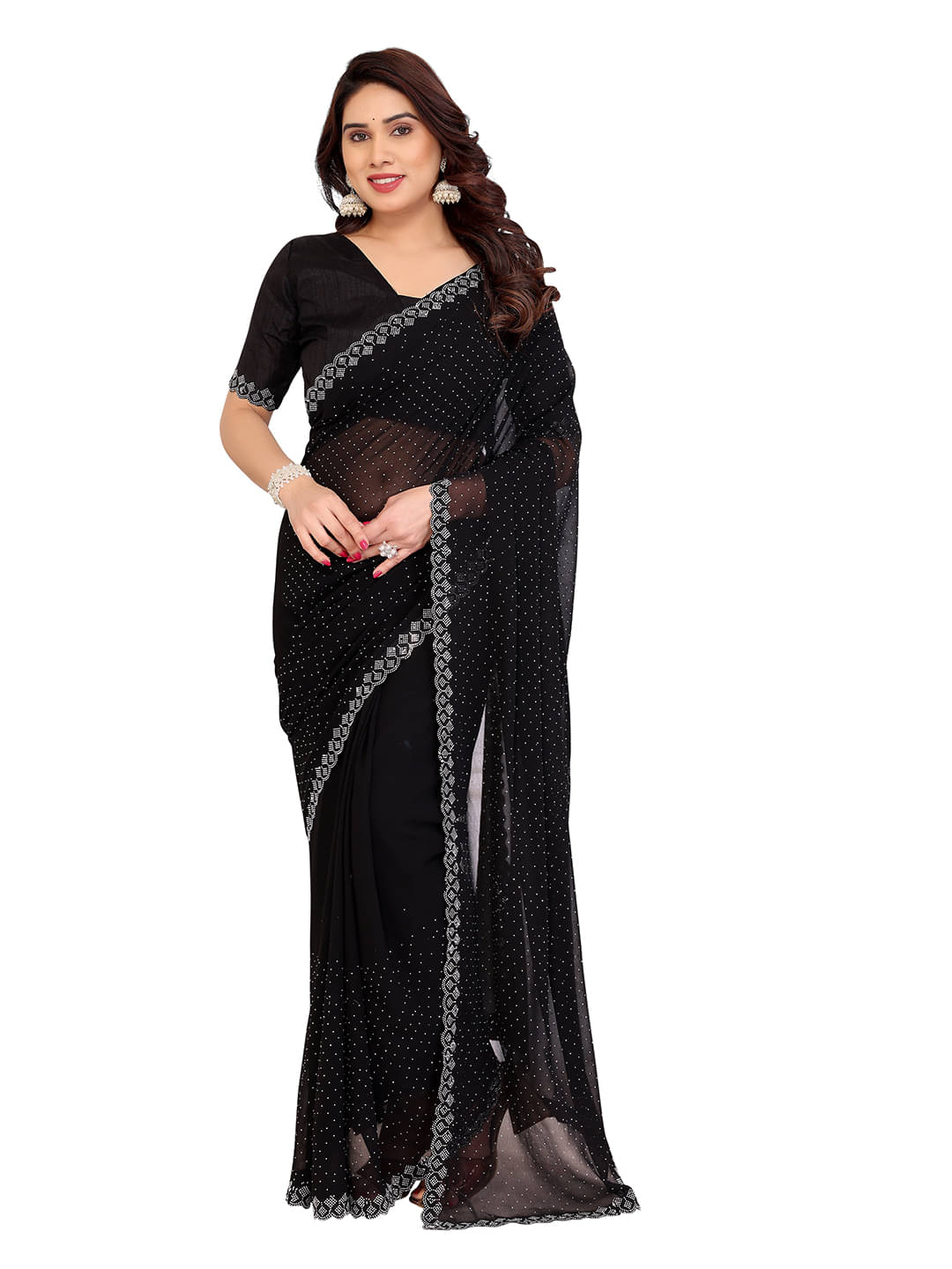     			ANAND SAREES Georgette Self Design Kasavu Saree With Unstitched Blouse Piece ( Black )