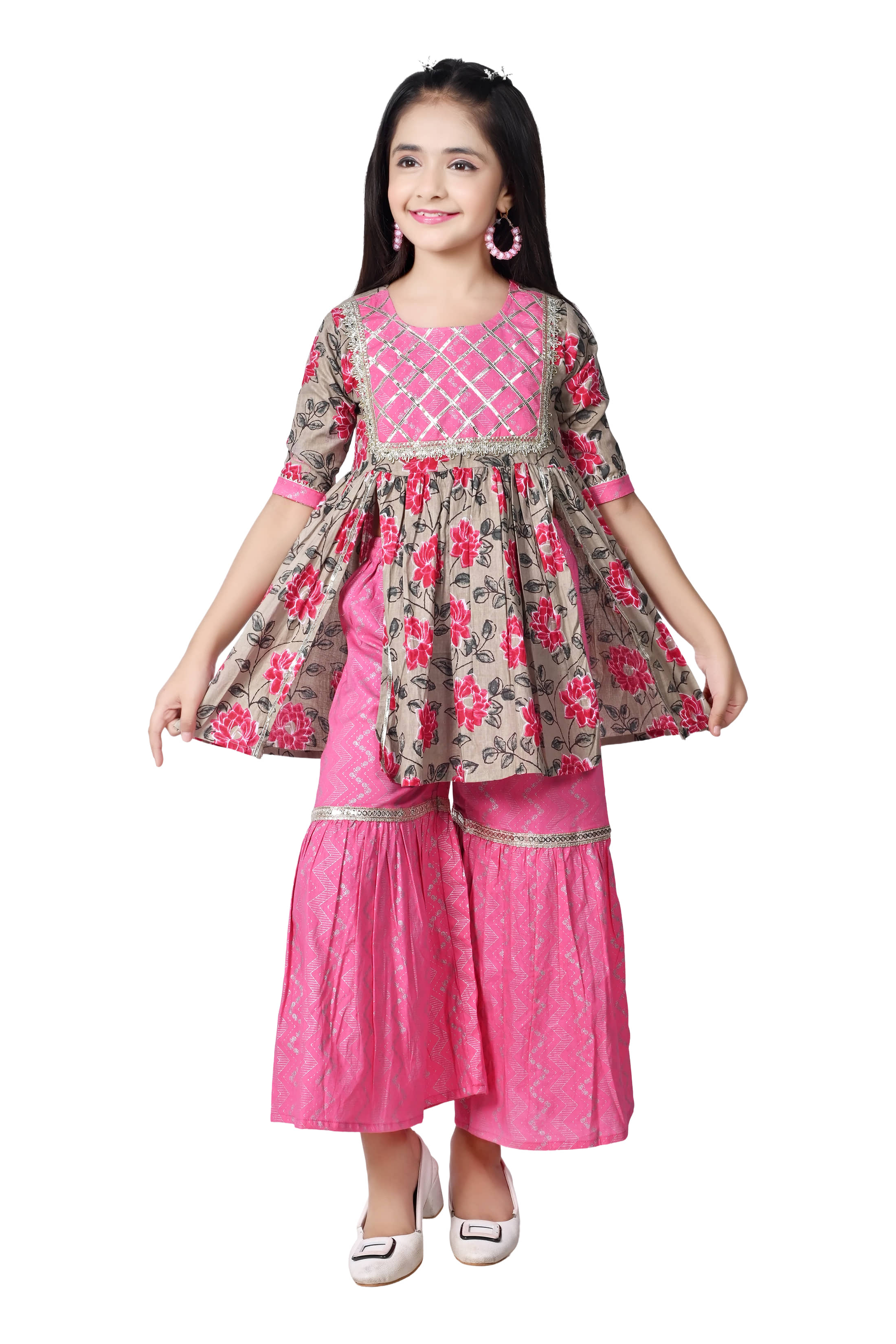Arshia Fashions Girls Cotton Blend Kurti with Sharara ( Pack of 1 , Pink )