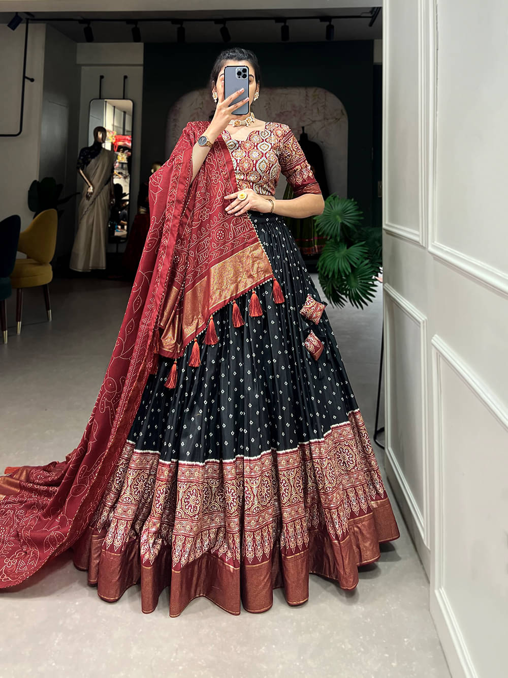     			CYNOR Black Tussar Silk Circular Semi Stitched Lehenga Single