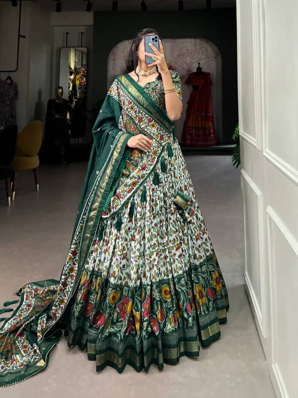 CYNOR Green Tussar Silk Circular Semi Stitched Lehenga Single CYNOR Green Tussar Silk Circular Semi Stitched Lehenga Single
