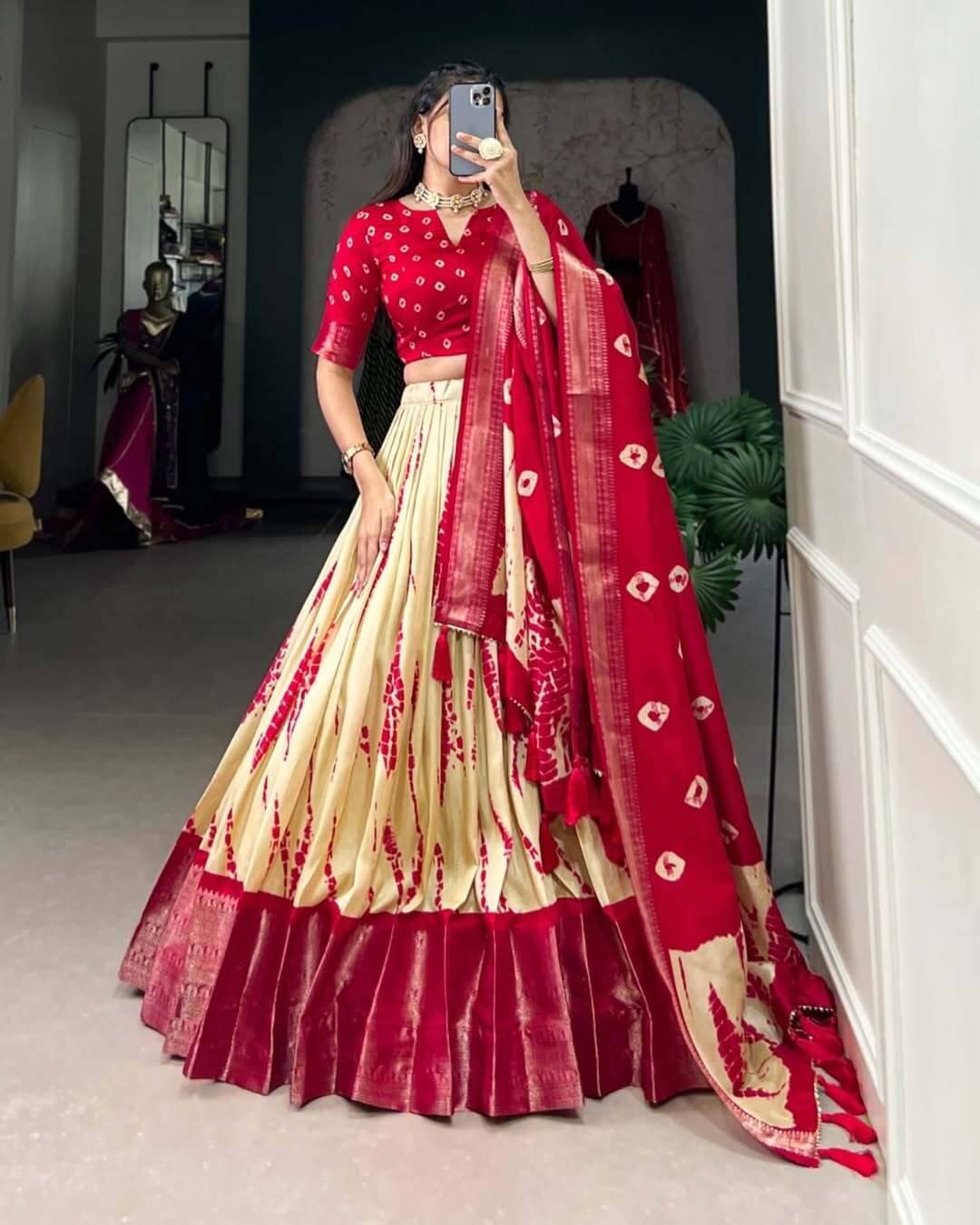 CYNOR Red Tussar Silk Circular Semi Stitched Lehenga Single CYNOR Red Tussar Silk Circular Semi Stitched Lehenga Single