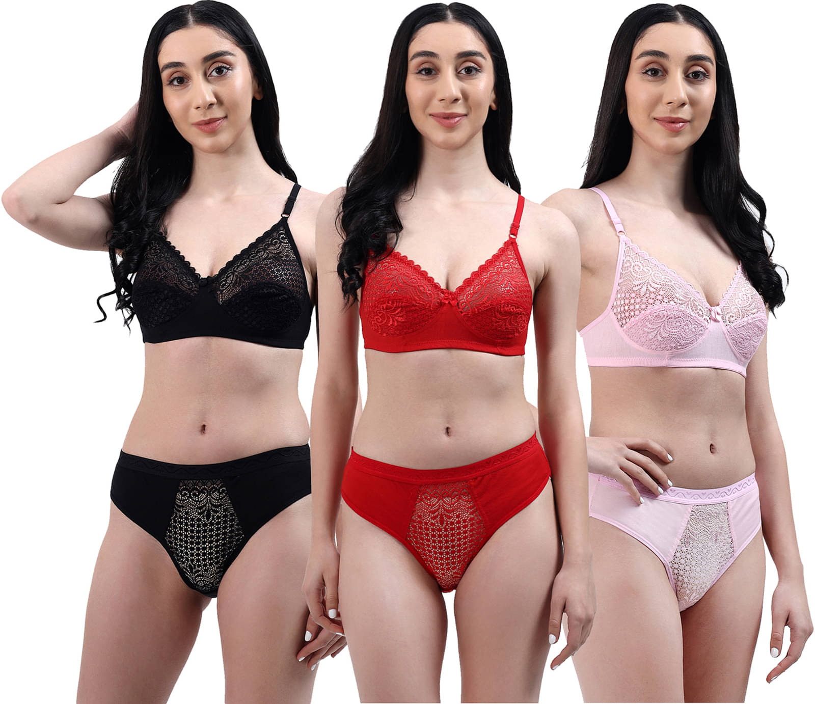     			FLYING QUEEN Pack of 3 Lace Bra & Panty Set For Women ( Multicolor1 )