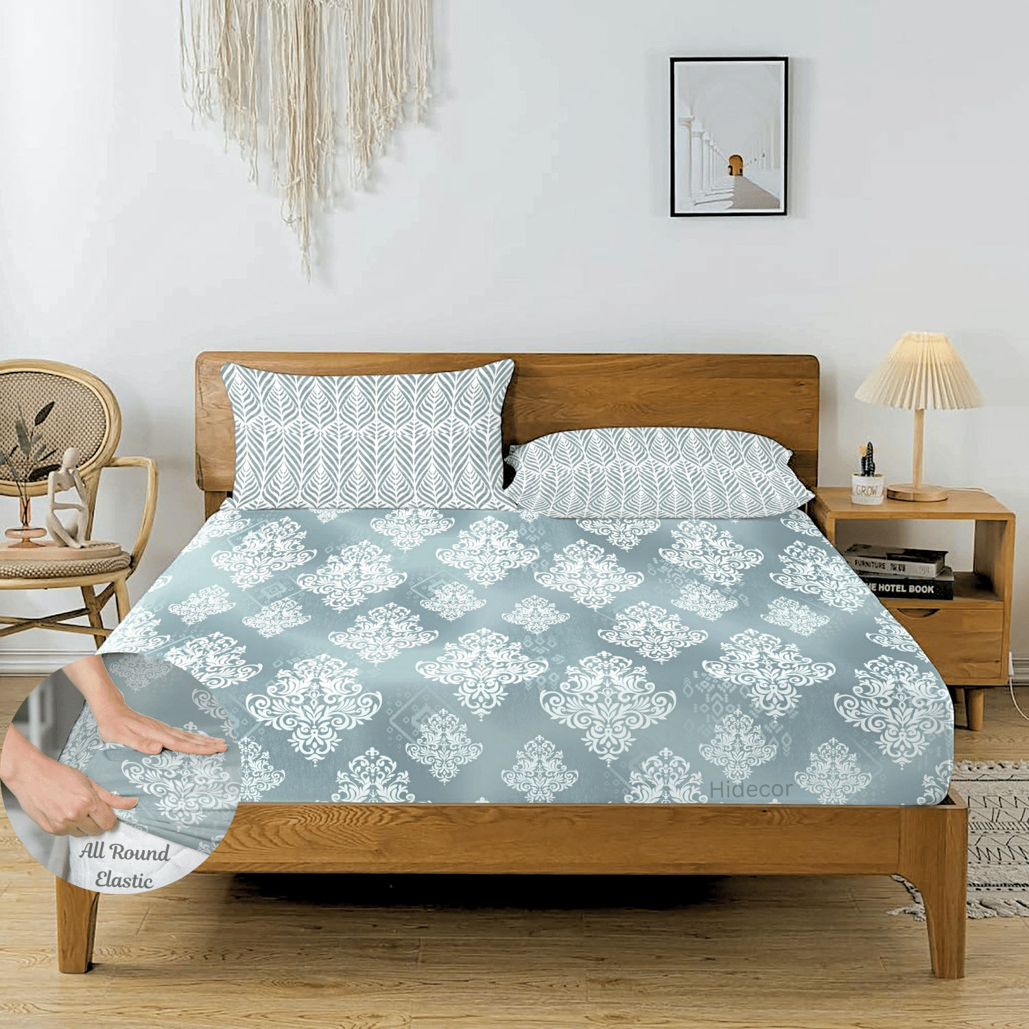     			HIDECOR Microfibre Floral Fitted 1 Bedsheet with 2 Pillow Covers ( King Size ) - Light Green
