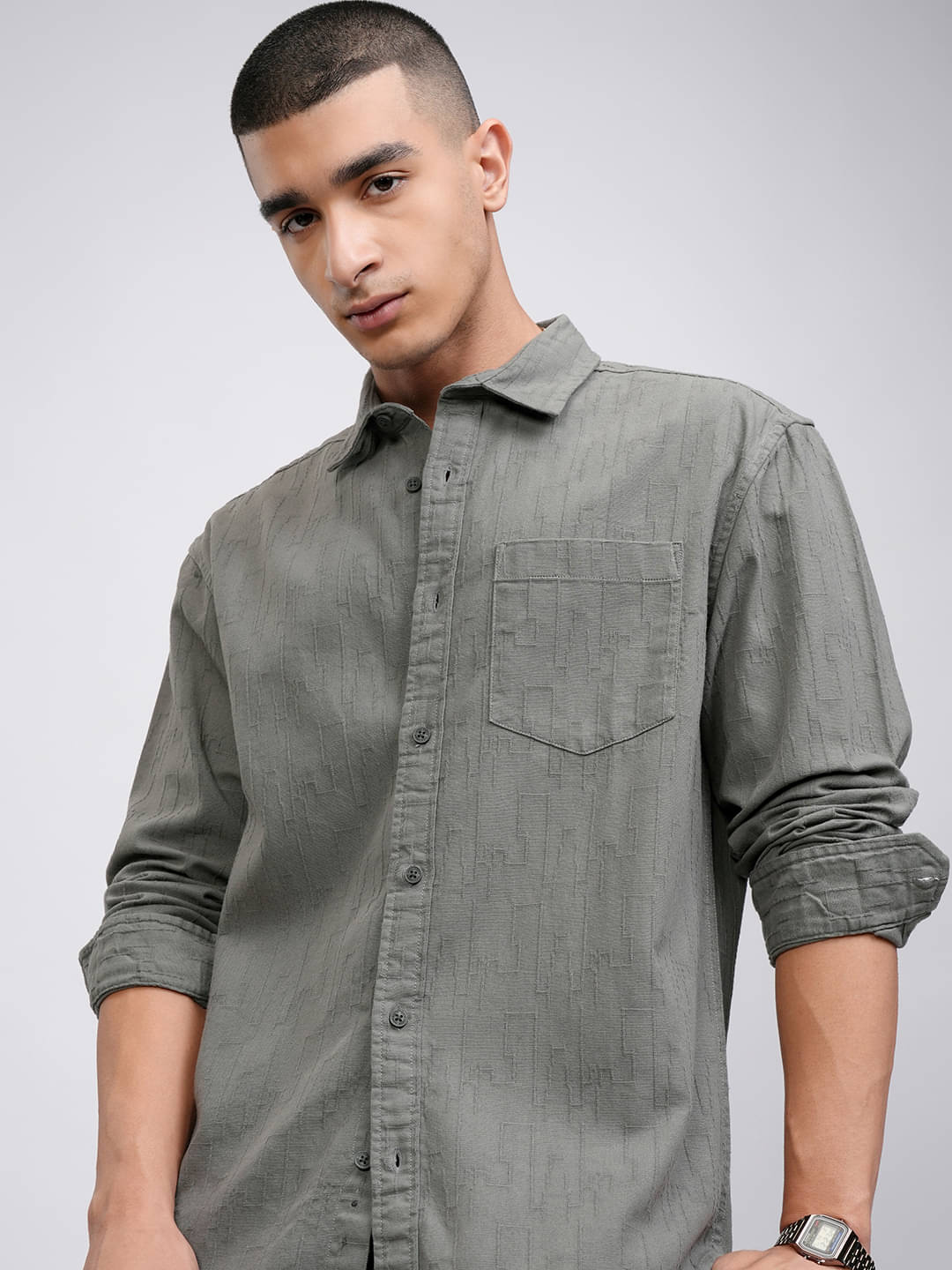     			Highlander 100% Cotton Regular Fit Self Design Full Sleeves Men's Casual Shirt - Grey ( Pack of 1 )