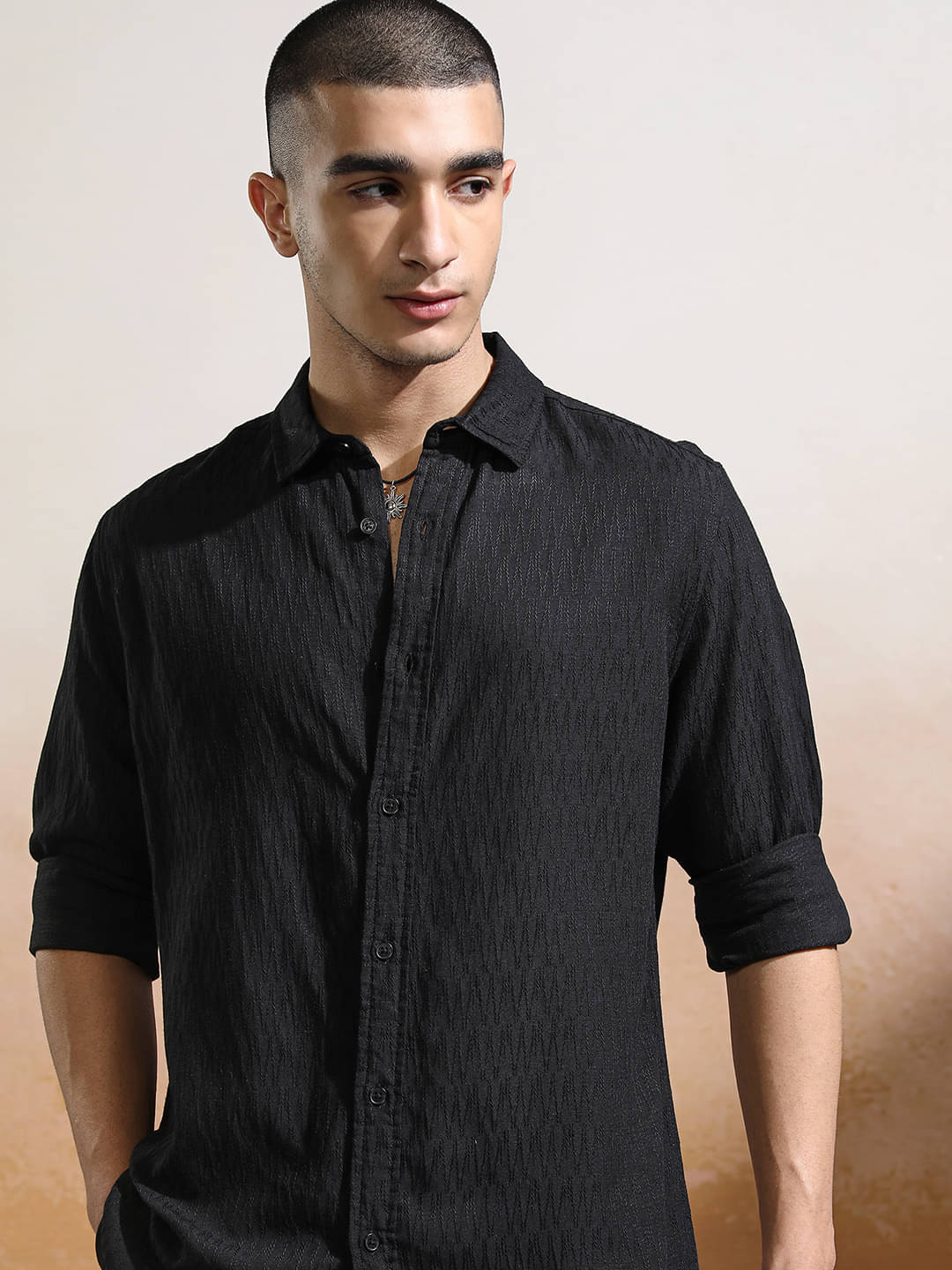     			Highlander Cotton Blend Regular Fit Self Design Full Sleeves Men's Casual Shirt - Black ( Pack of 1 )