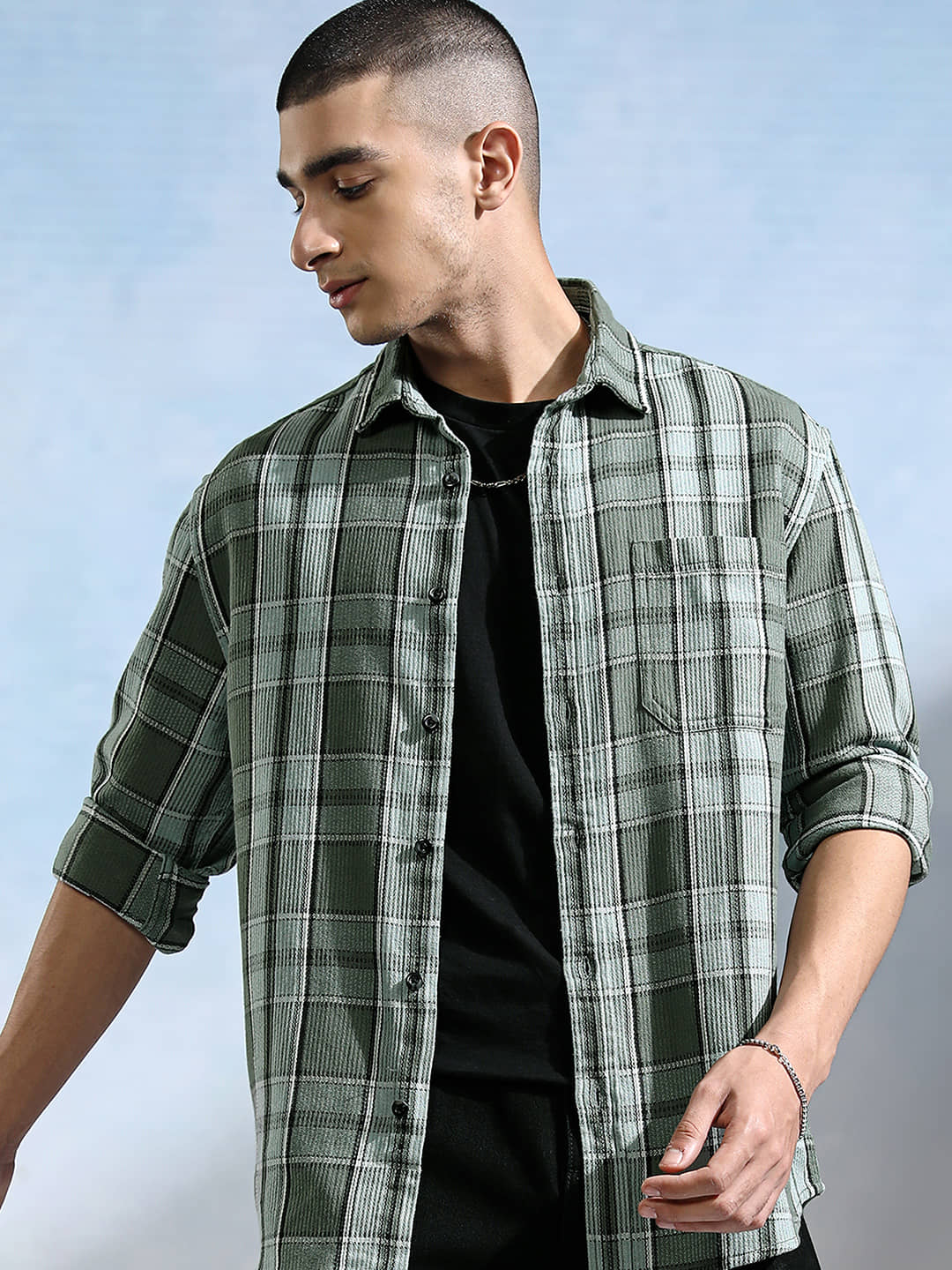 Highlander Cotton Blend Relaxed Fit Checks Full Sleeves Men's Casual Shirt - Olive ( Pack of 1 )