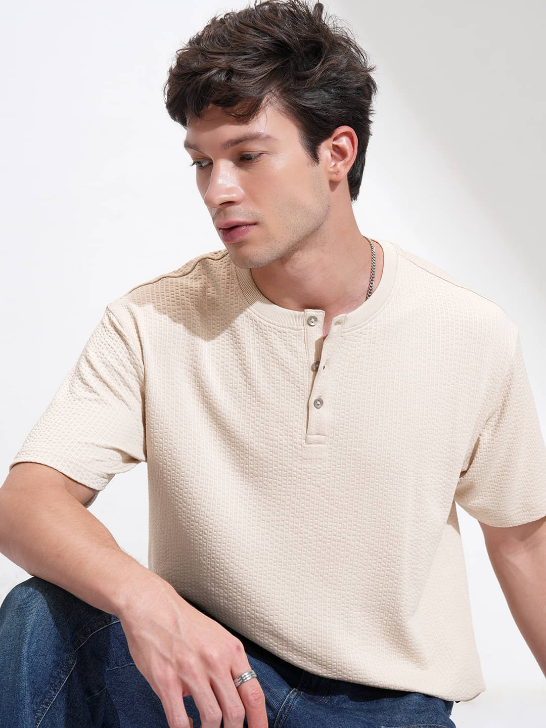 Highlander Men Cotton Blend Relaxed Fit Self Design T-Shirt ( Cream ) Highlander Men Cotton Blend Relaxed Fit Self Design T-Shirt ( Cream )