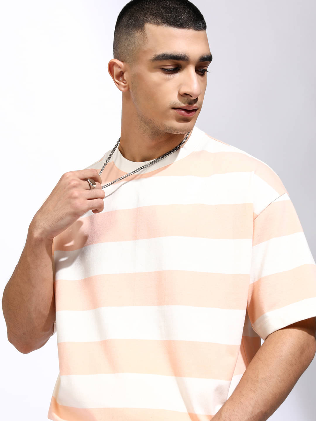    			Highlander Men Polyester Oversized Fit Striped T-Shirt ( Off White )