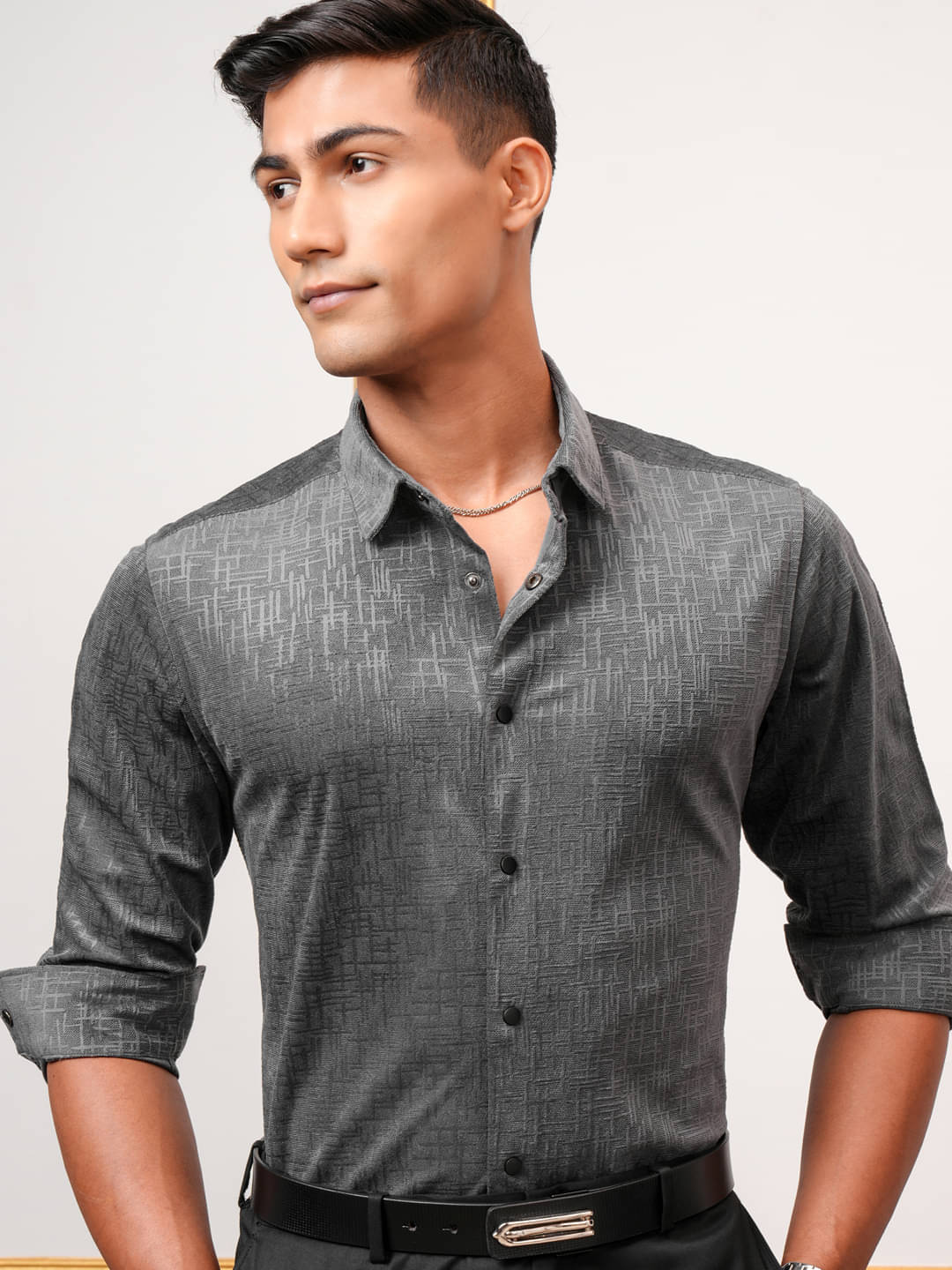     			Highlander Polyester Slim Fit Self Design Full Sleeves Men's Casual Shirt - Grey ( Pack of 1 )
