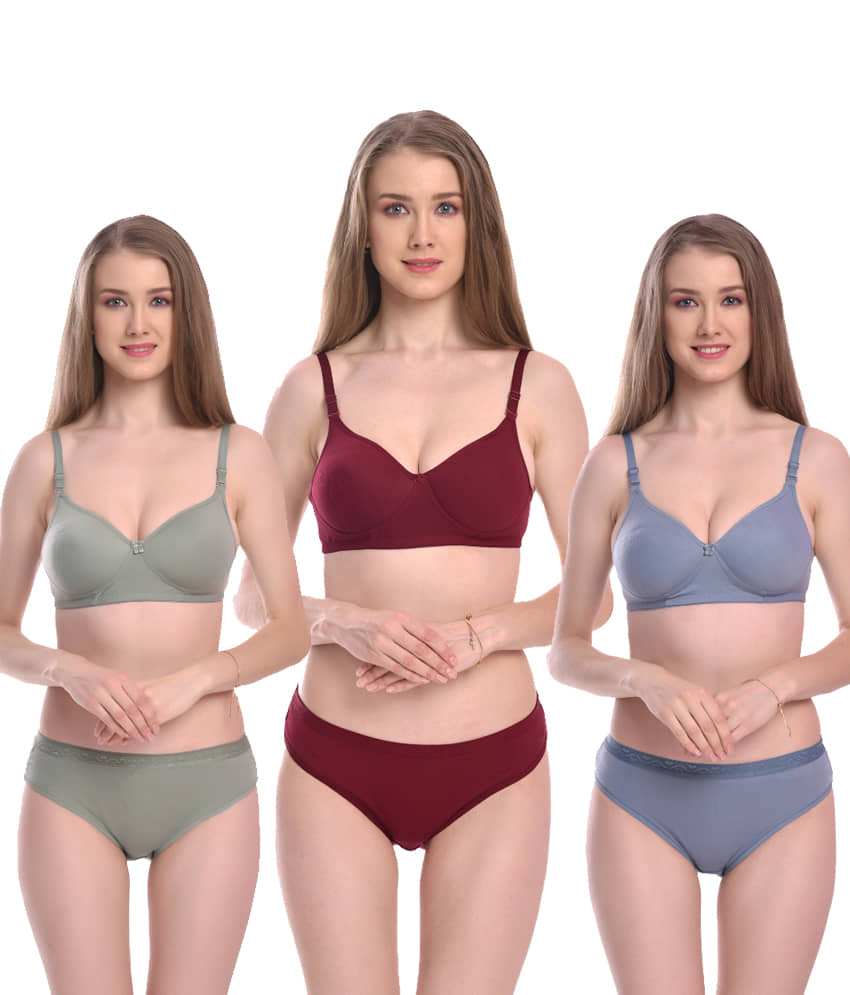 LEORBIX Pack of 3 Cotton Blend Bra & Panty Set For Women ( Blue,Maroon,Green )