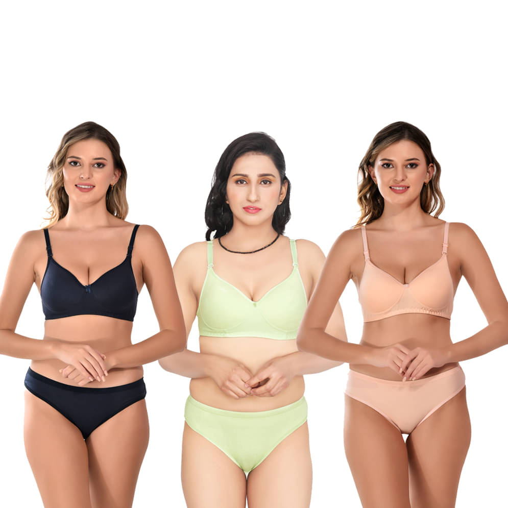 LEORBIX Pack of 3 Cotton Blend Bra & Panty Set For Women ( Peach,Black,Yellow )     			LEORBIX Pack of 3 Cotton Blend Bra & Panty Set For Women ( Peach,Black,Yellow )