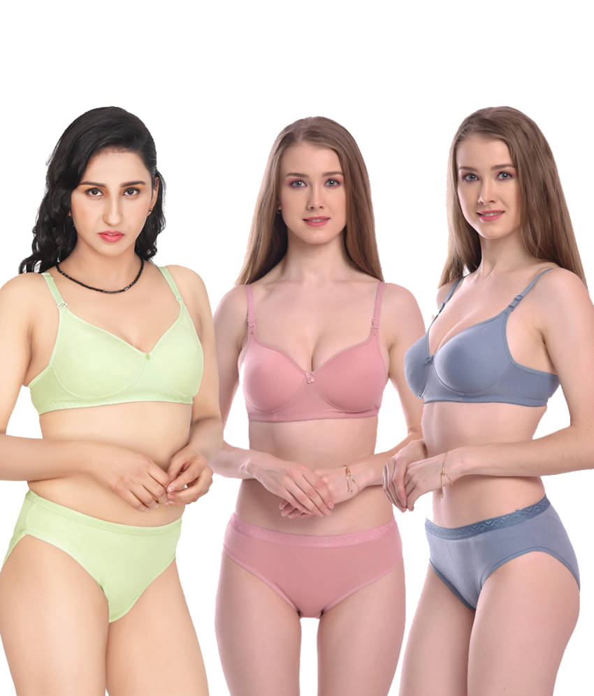 LEORBIX Pack of 3 Cotton Blend Bra & Panty Set For Women ( Peach,Pink,Blue )     			LEORBIX Pack of 3 Cotton Blend Bra & Panty Set For Women ( Peach,Pink,Blue )