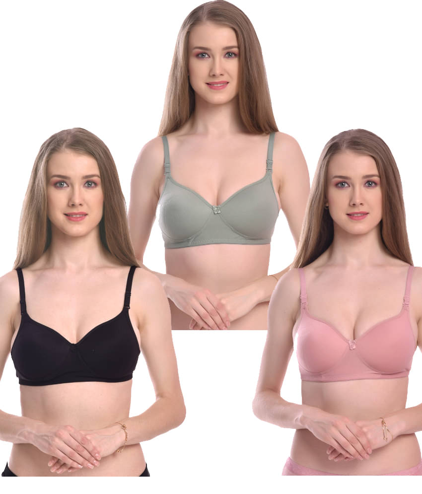 LEORBIX Pack of 3 Cotton Blend Lightly Padded Bralette Bra For Women ( Black,Green,Pink ) LEORBIX Pack of 3 Cotton Blend Lightly Padded Bralette Bra For Women ( Black,Green,Pink )
