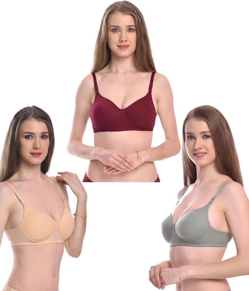 LEORBIX Pack of 3 Cotton Blend Lightly Padded Bralette Bra For Women ( Cream,Maroon,Blue ) LEORBIX Pack of 3 Cotton Blend Lightly Padded Bralette Bra For Women ( Cream,Maroon,Blue )