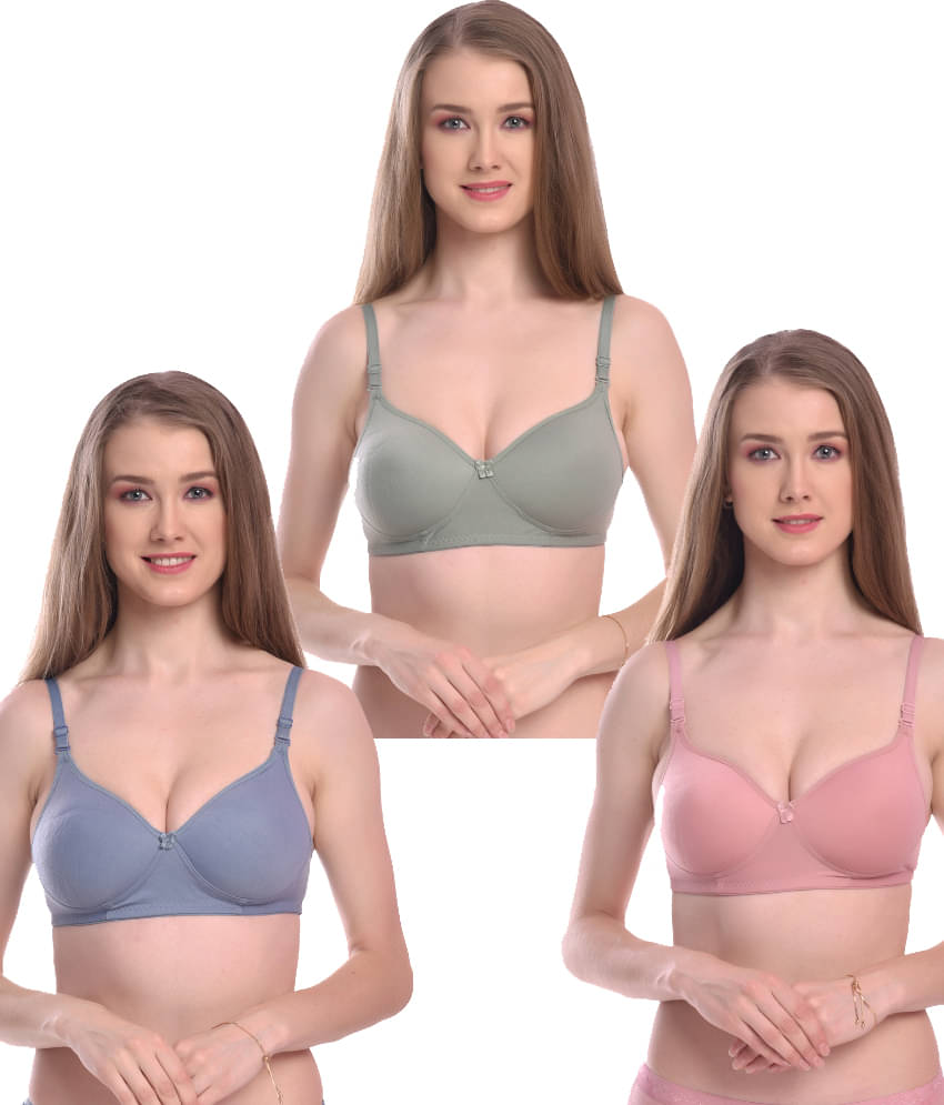LEORBIX Pack of 3 Cotton Blend Lightly Padded Bralette Bra For Women ( Blue,Green,Pink ) LEORBIX Pack of 3 Cotton Blend Lightly Padded Bralette Bra For Women ( Blue,Green,Pink )