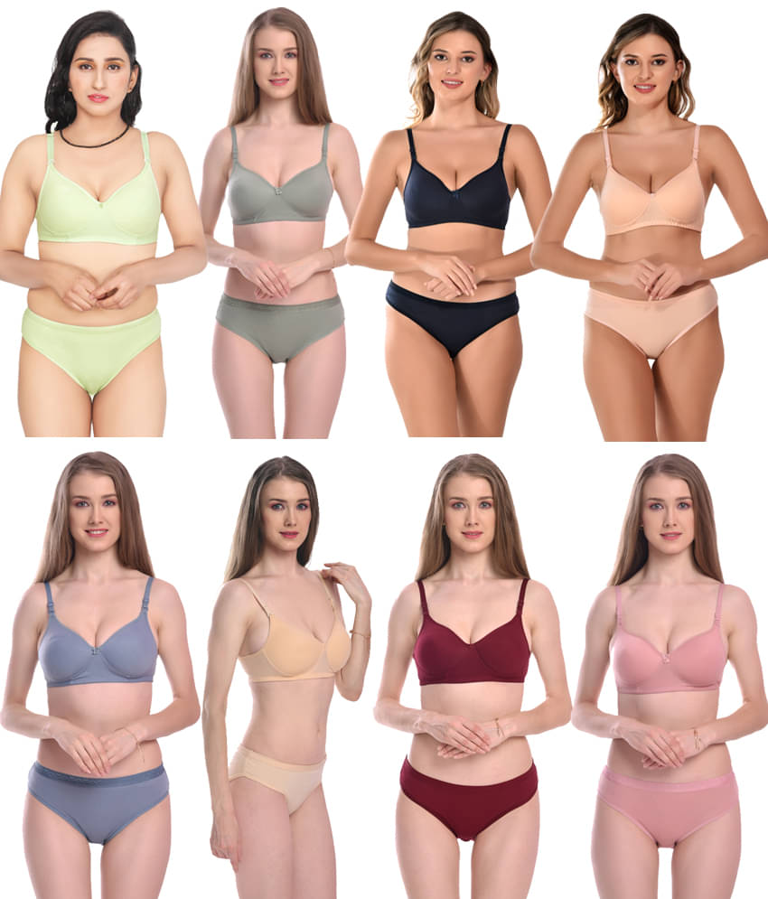 LEORBIX Pack of 8 Cotton Blend Bra & Panty Set For Women ( Multicolor8 ) LEORBIX Pack of 8 Cotton Blend Bra & Panty Set For Women ( Multicolor8 )
