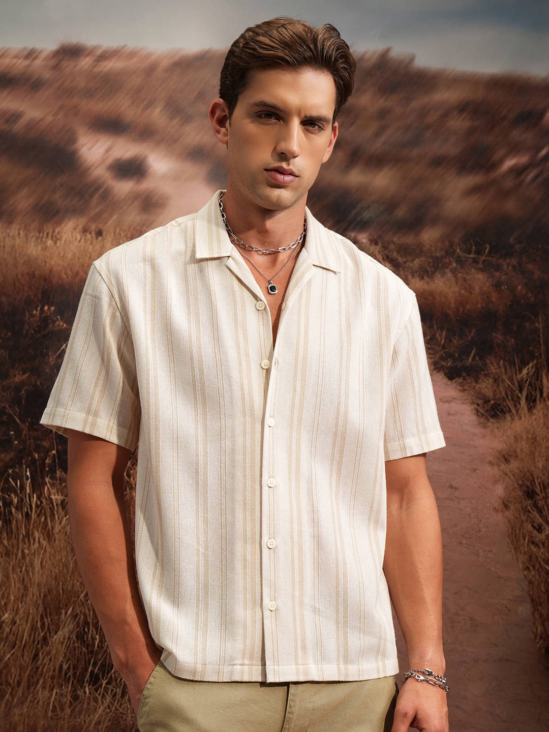     			Locomotive Poly Cotton Oversized Fit Striped Half Sleeves Men's Casual Shirt - Beige ( Pack of 1 )