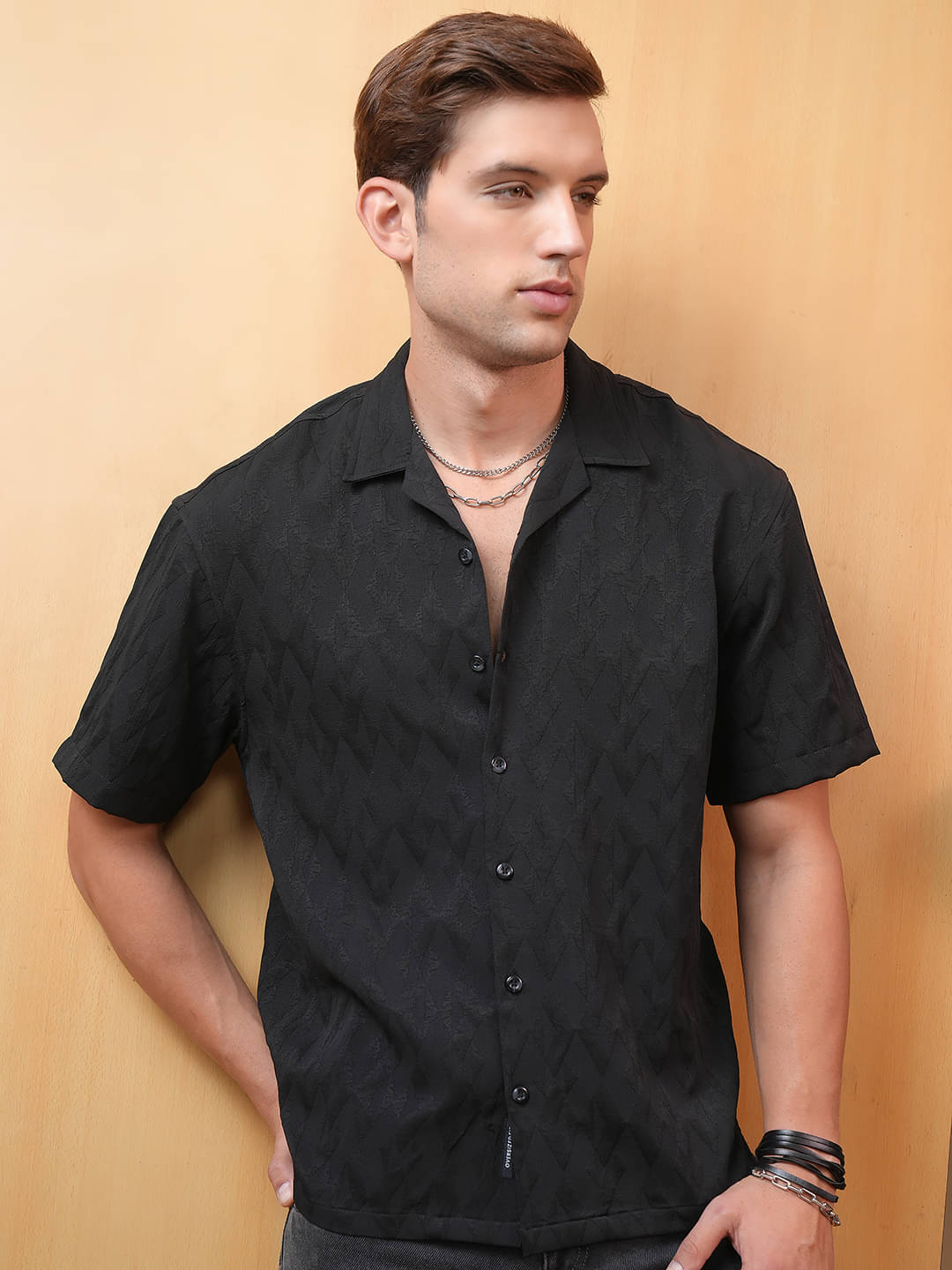 Locomotive Polyester Oversized Fit Self Design Half Sleeves Men's Casual Shirt - Black ( Pack of 1 ) Locomotive Polyester Oversized Fit Self Design Half Sleeves Men's Casual Shirt - Black ( Pack of 1 )