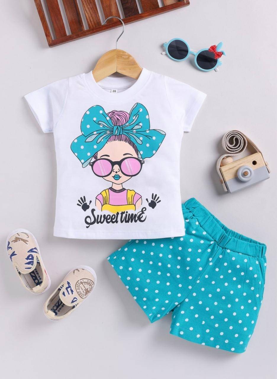     			MUSNAHGARMENTS Pack of 1 Baby Girls Hosiery T-shirt & Shorts ( White )
