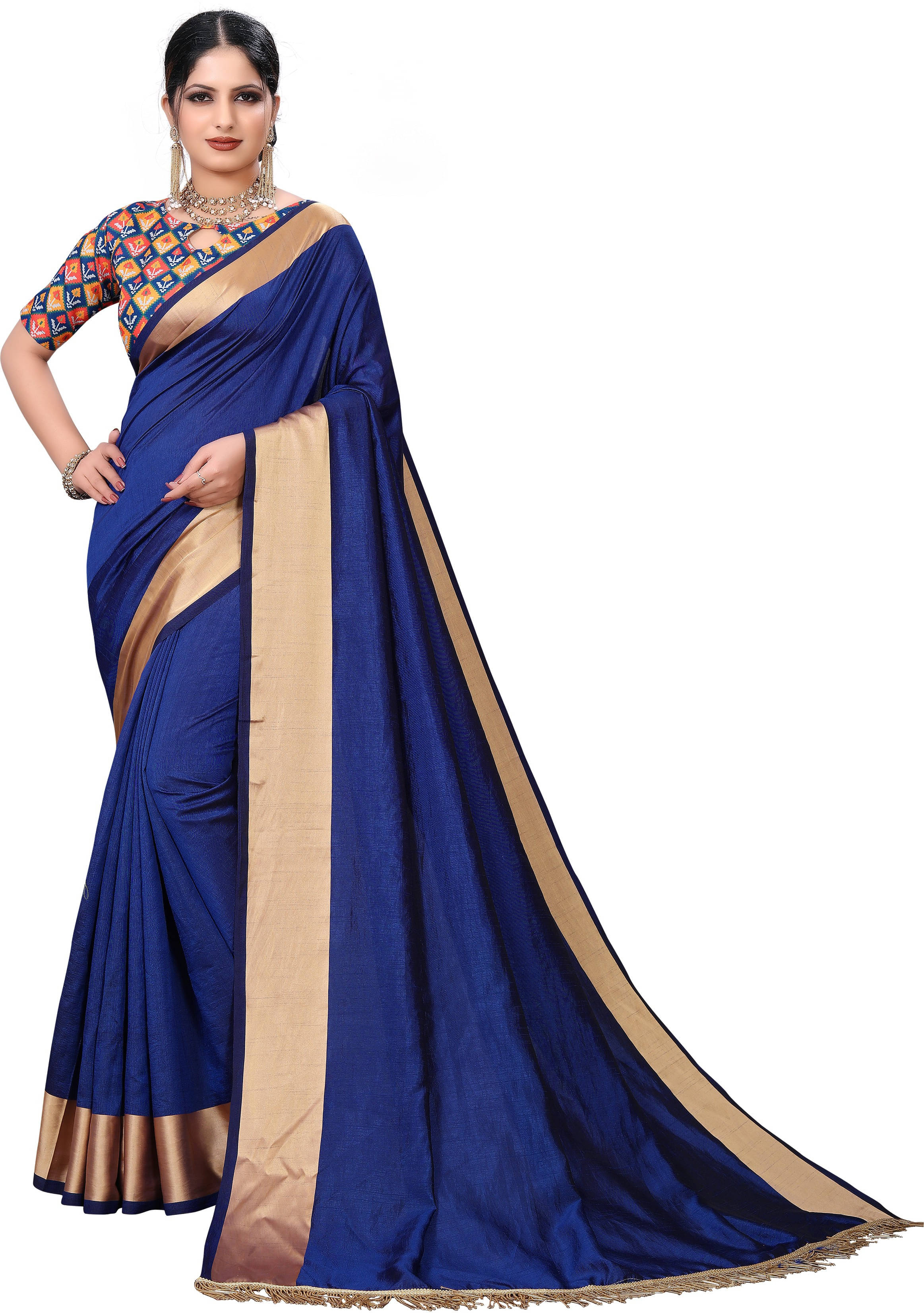 OM SAI CREATION Cotton Silk Solid Saree With Unstitched Blouse Piece ( Navy Blue )     			OM SAI CREATION Cotton Silk Solid Saree With Unstitched Blouse Piece ( Navy Blue )