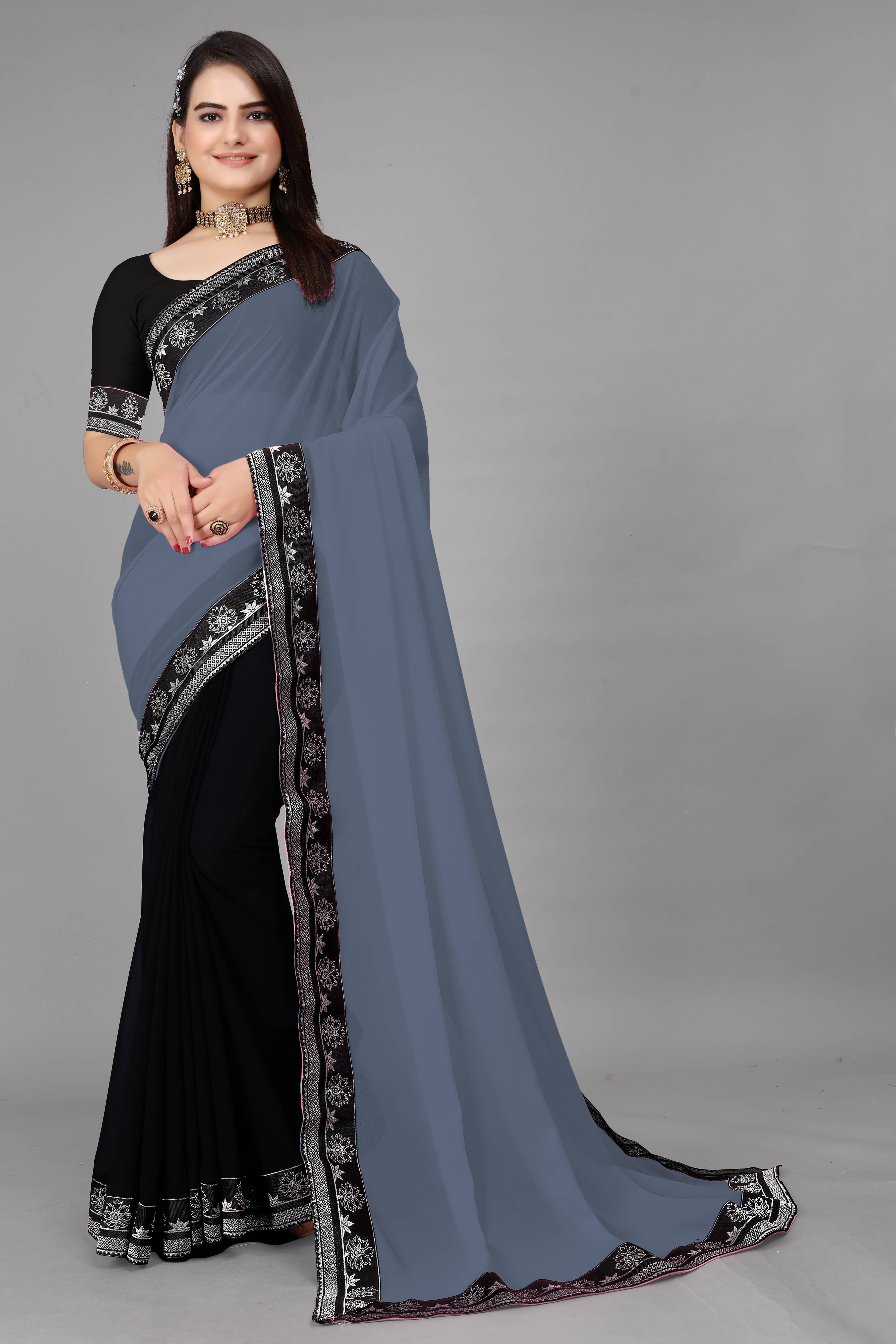     			OM SAI CREATION Georgette Embellished Saree With Unstitched Blouse Piece ( Multicolor )