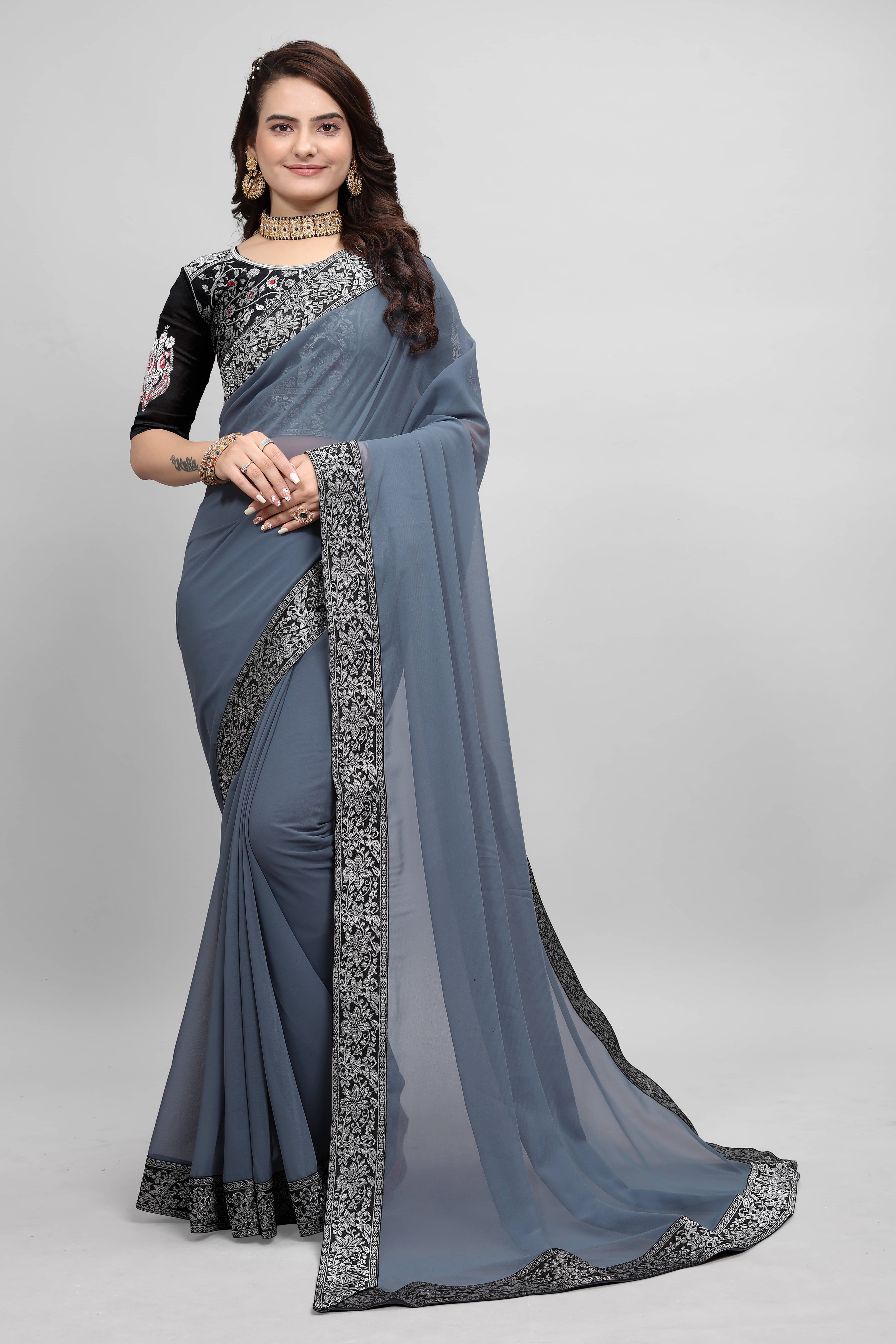     			OM SAI CREATION Georgette Printed Saree With Unstitched Blouse Piece ( Multicolor )