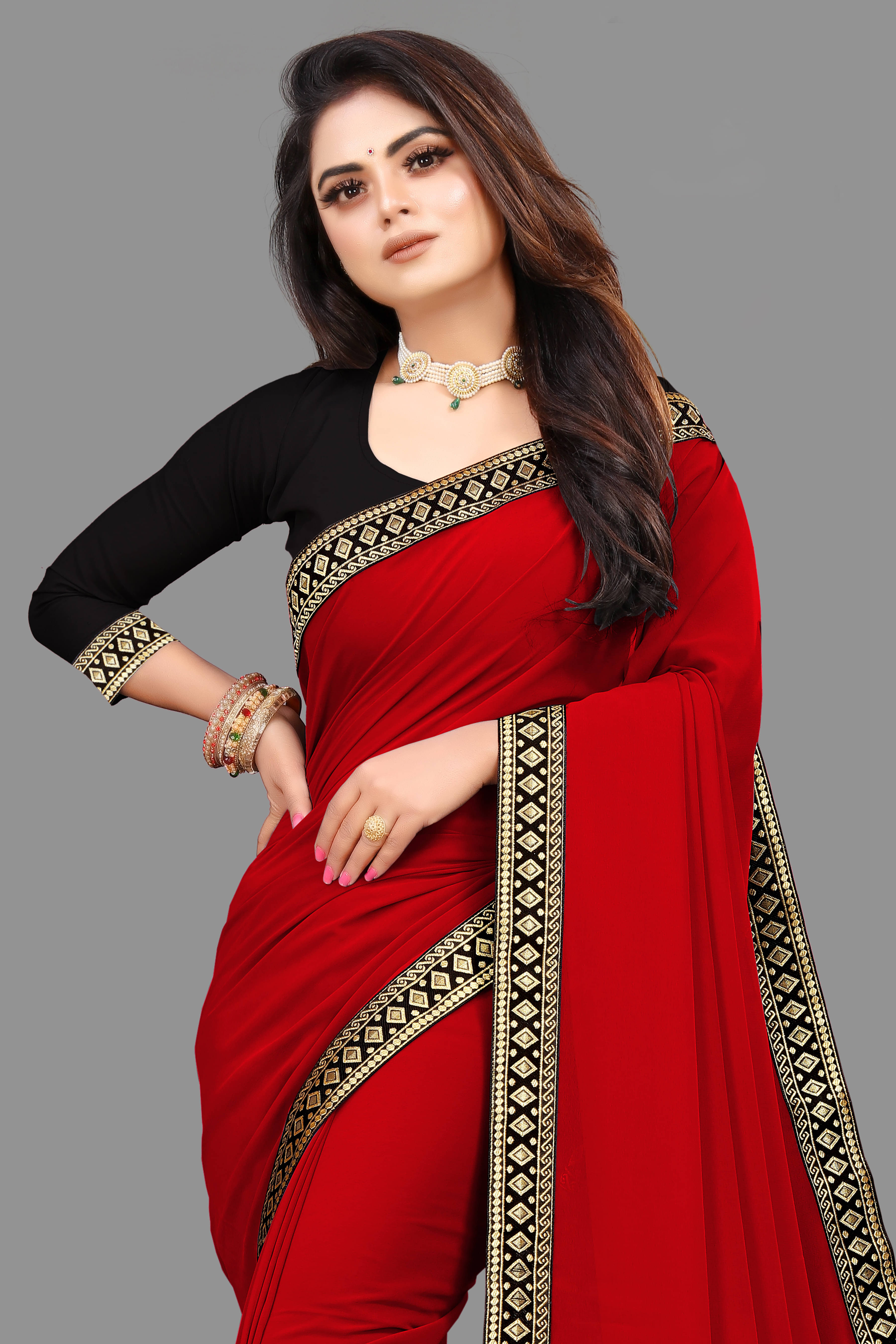 OM SAI CREATION Georgette Self Design Saree With Unstitched Blouse Piece ( Red ) OM SAI CREATION Georgette Self Design Saree With Unstitched Blouse Piece ( Red )