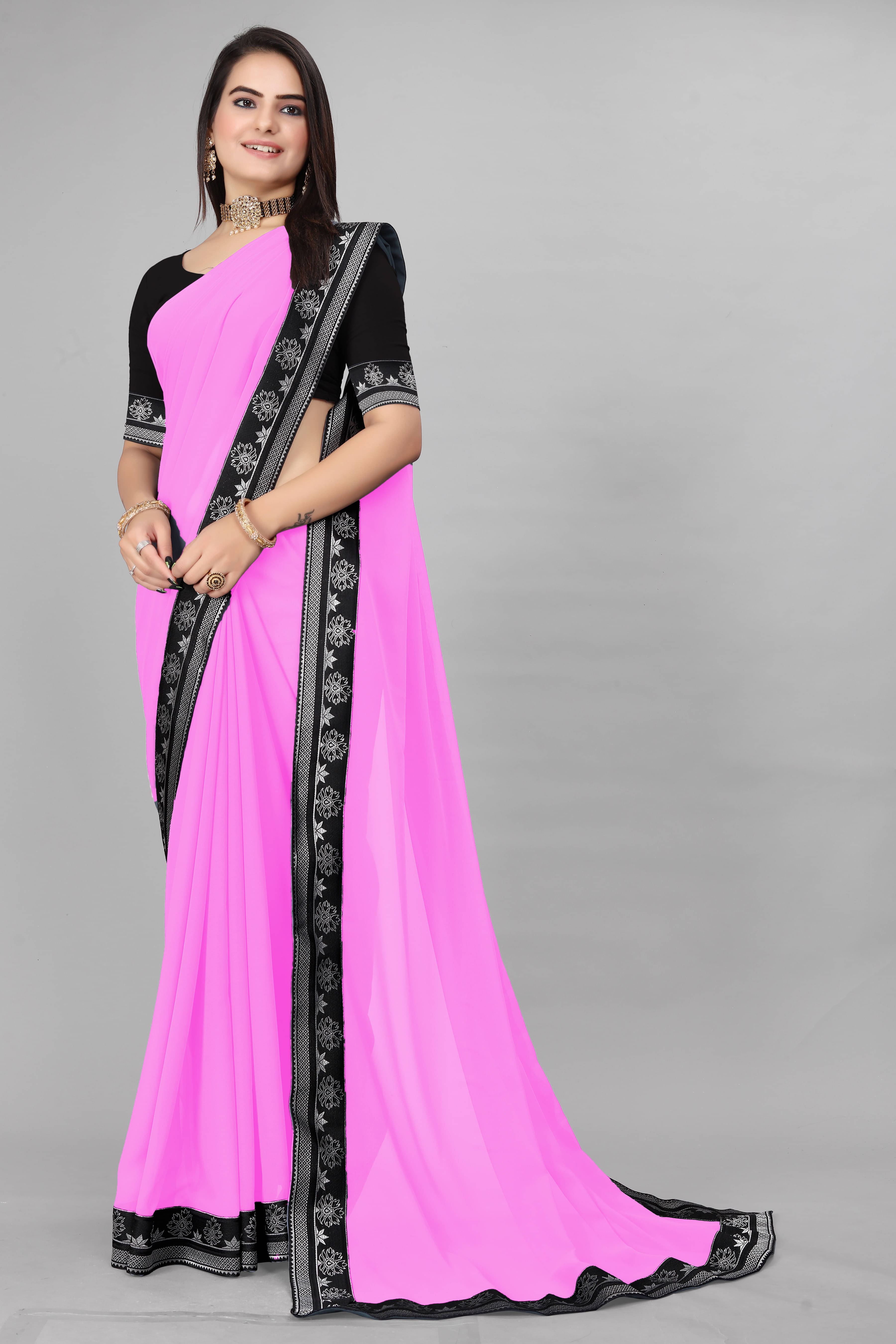 OM SAI CREATION Georgette Self Design Saree With Unstitched Blouse Piece ( Pink ) OM SAI CREATION Georgette Self Design Saree With Unstitched Blouse Piece ( Pink )