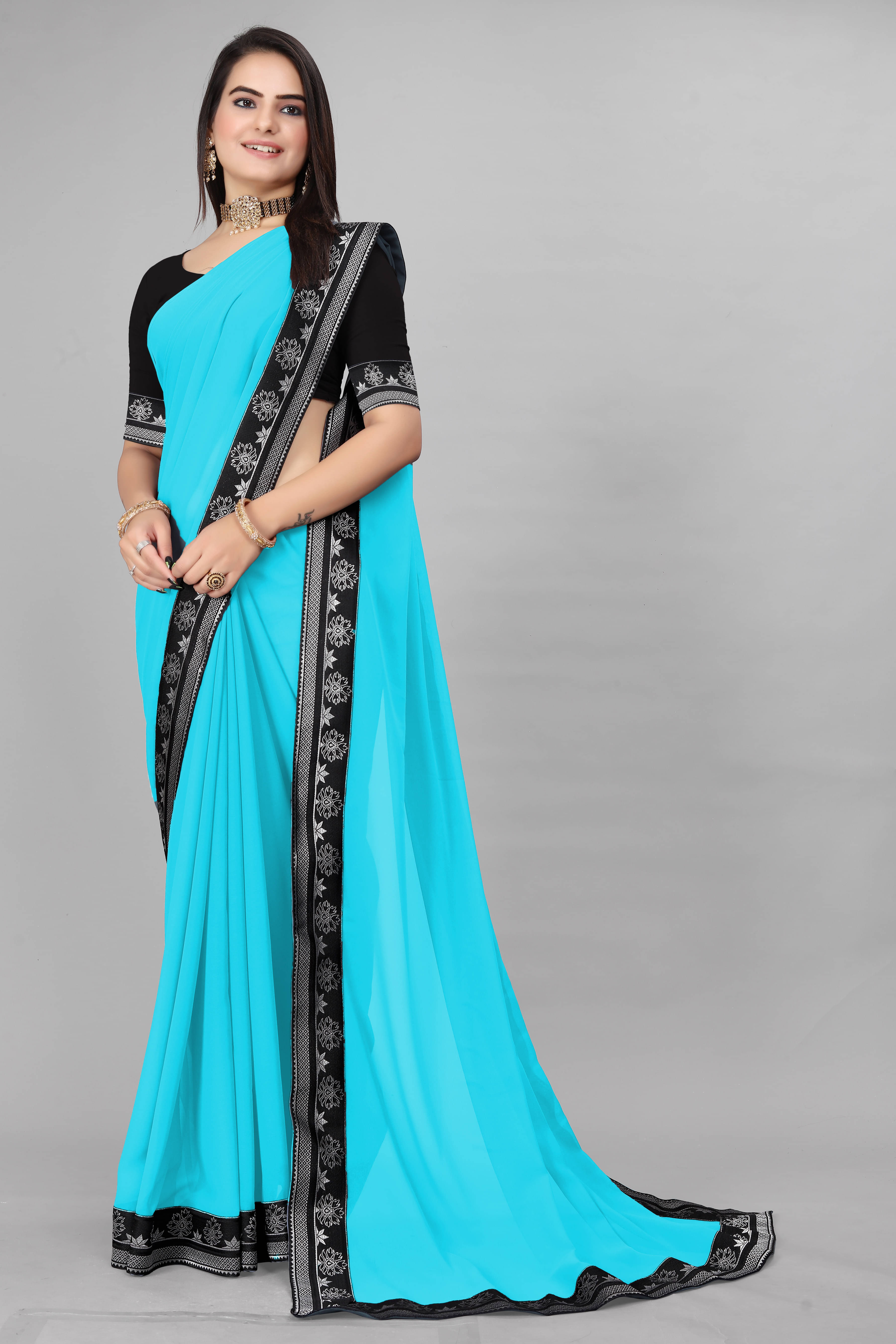OM SAI CREATION Georgette Self Design Saree With Unstitched Blouse Piece ( Blue )     			OM SAI CREATION Georgette Self Design Saree With Unstitched Blouse Piece ( Blue )