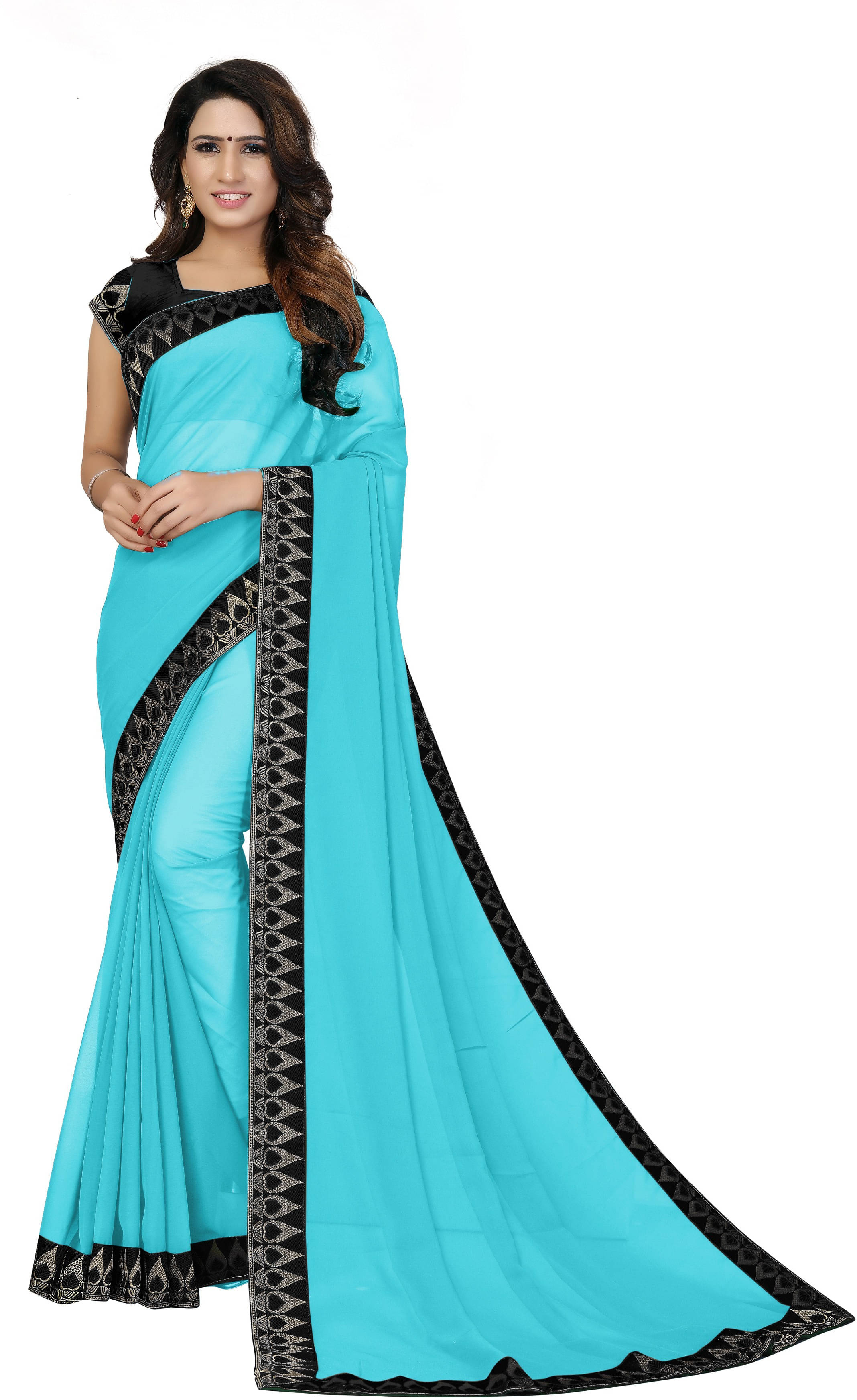     			OM SAI CREATION Georgette Solid Saree With Unstitched Blouse Piece ( Light Blue )
