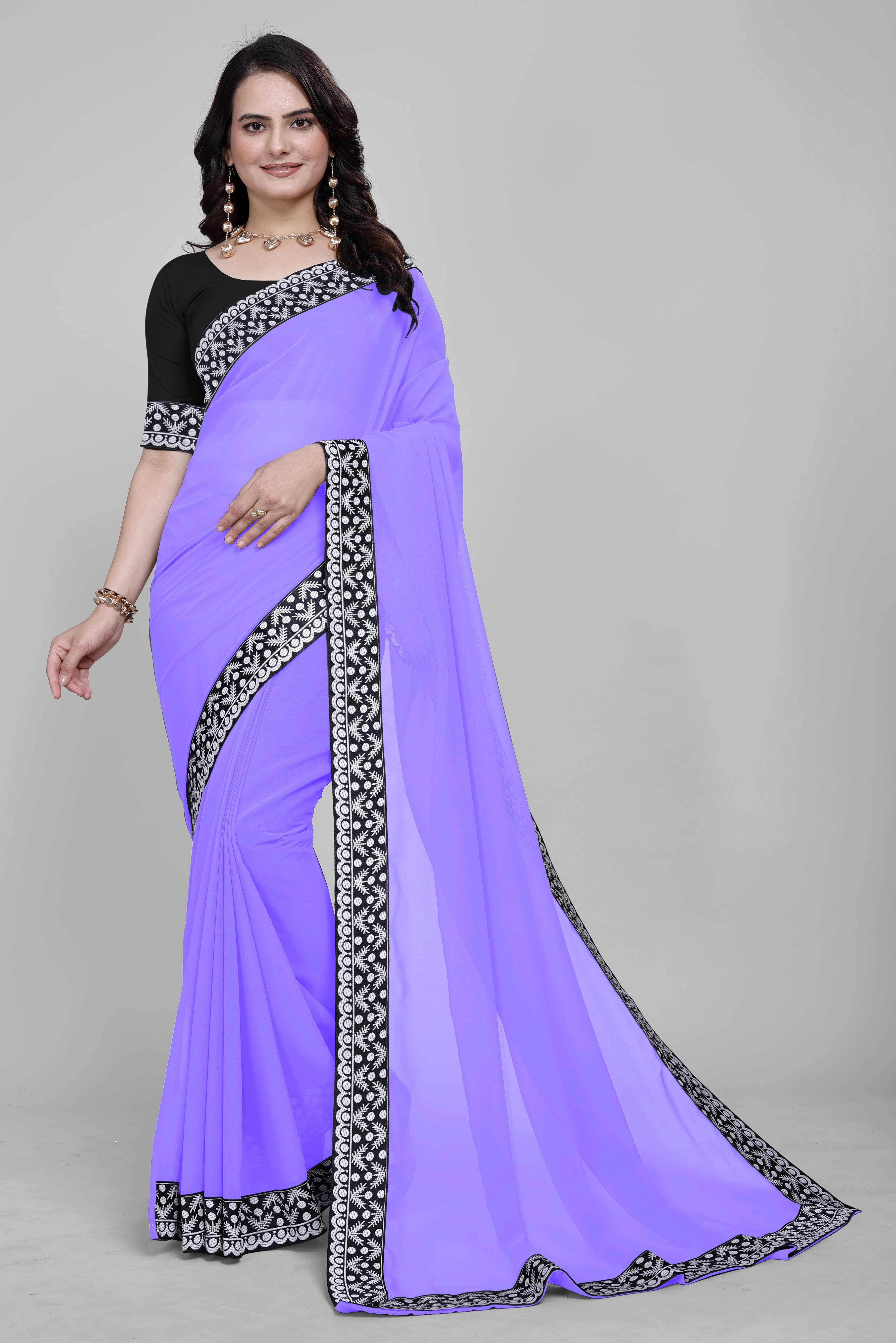 OM SAI CREATION Georgette Solid Saree With Unstitched Blouse Piece ( Purple ) OM SAI CREATION Georgette Solid Saree With Unstitched Blouse Piece ( Purple )