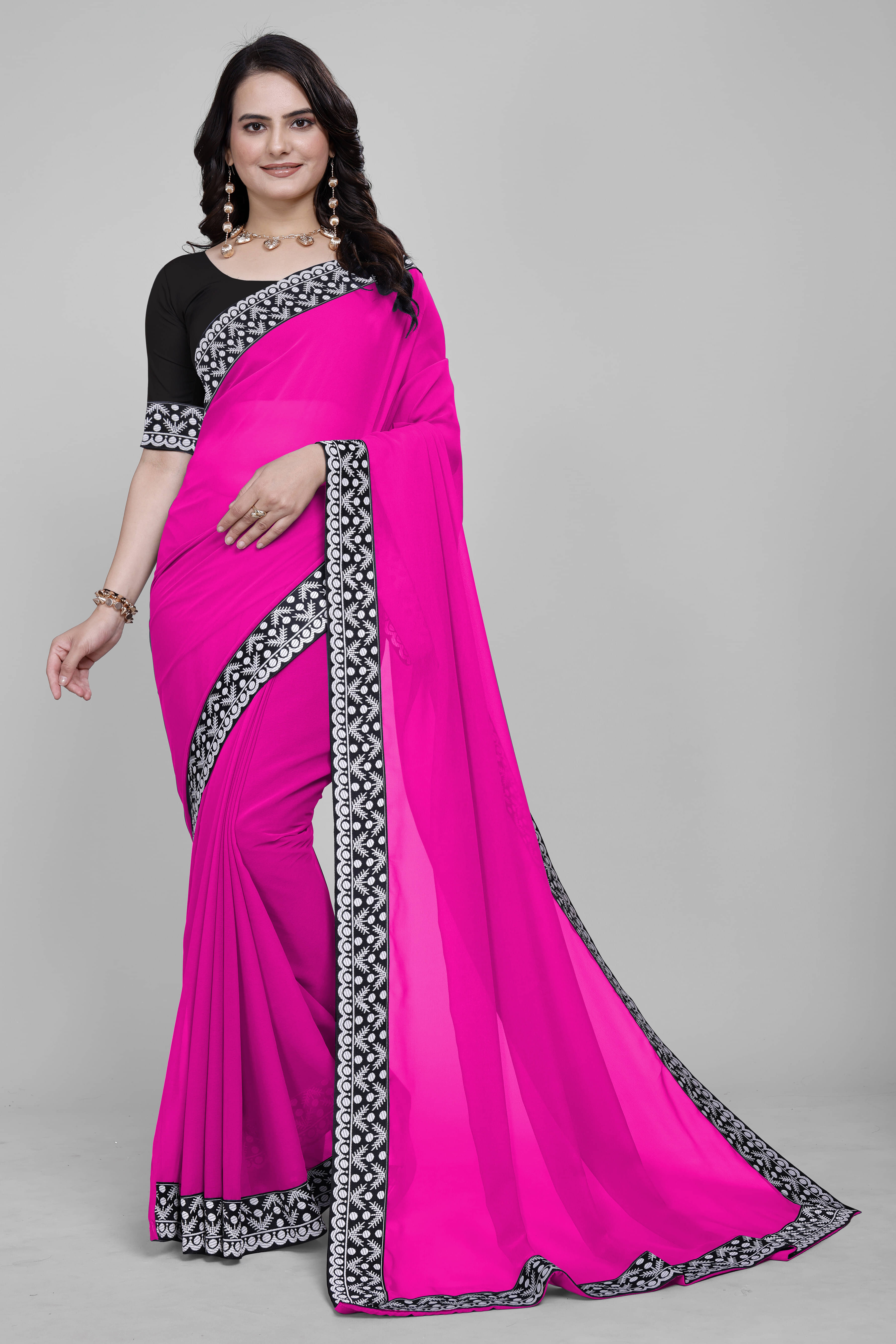 OM SAI CREATION Georgette Solid Saree With Unstitched Blouse Piece ( Pink ) OM SAI CREATION Georgette Solid Saree With Unstitched Blouse Piece ( Pink )