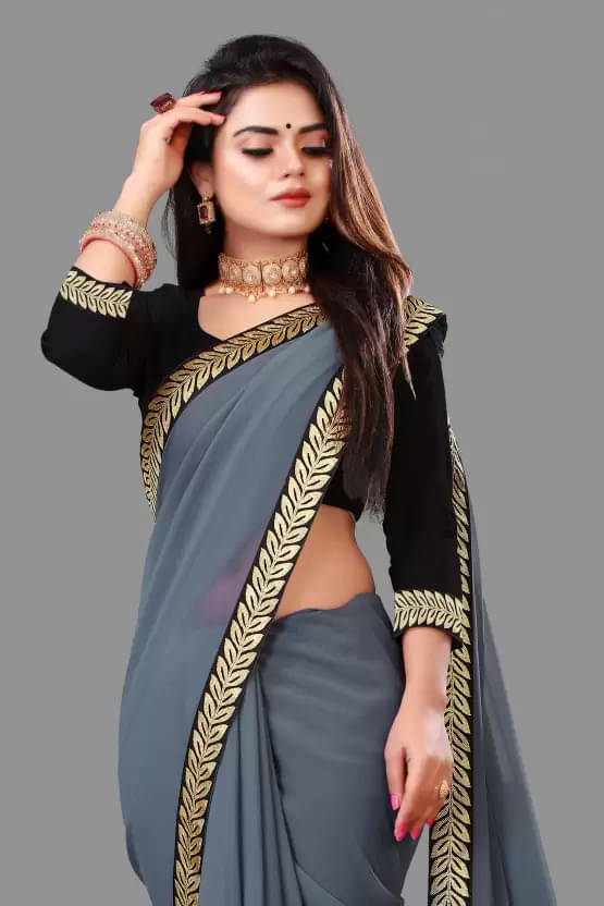 OM SAI CREATION Georgette Solid Saree With Unstitched Blouse Piece ( Grey ) OM SAI CREATION Georgette Solid Saree With Unstitched Blouse Piece ( Grey )