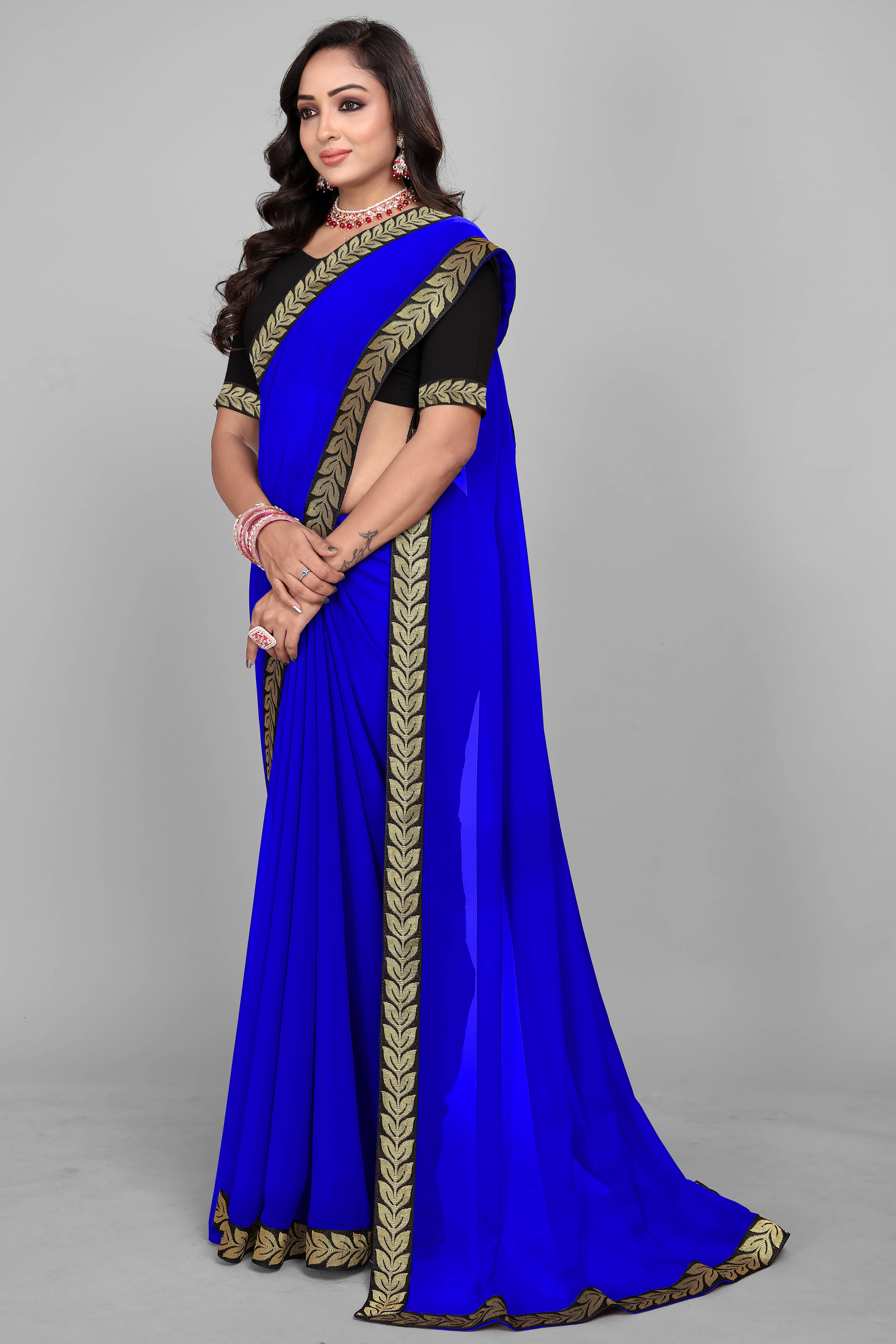     			OM SAI CREATION Georgette Solid Saree With Unstitched Blouse Piece ( Navy Blue )