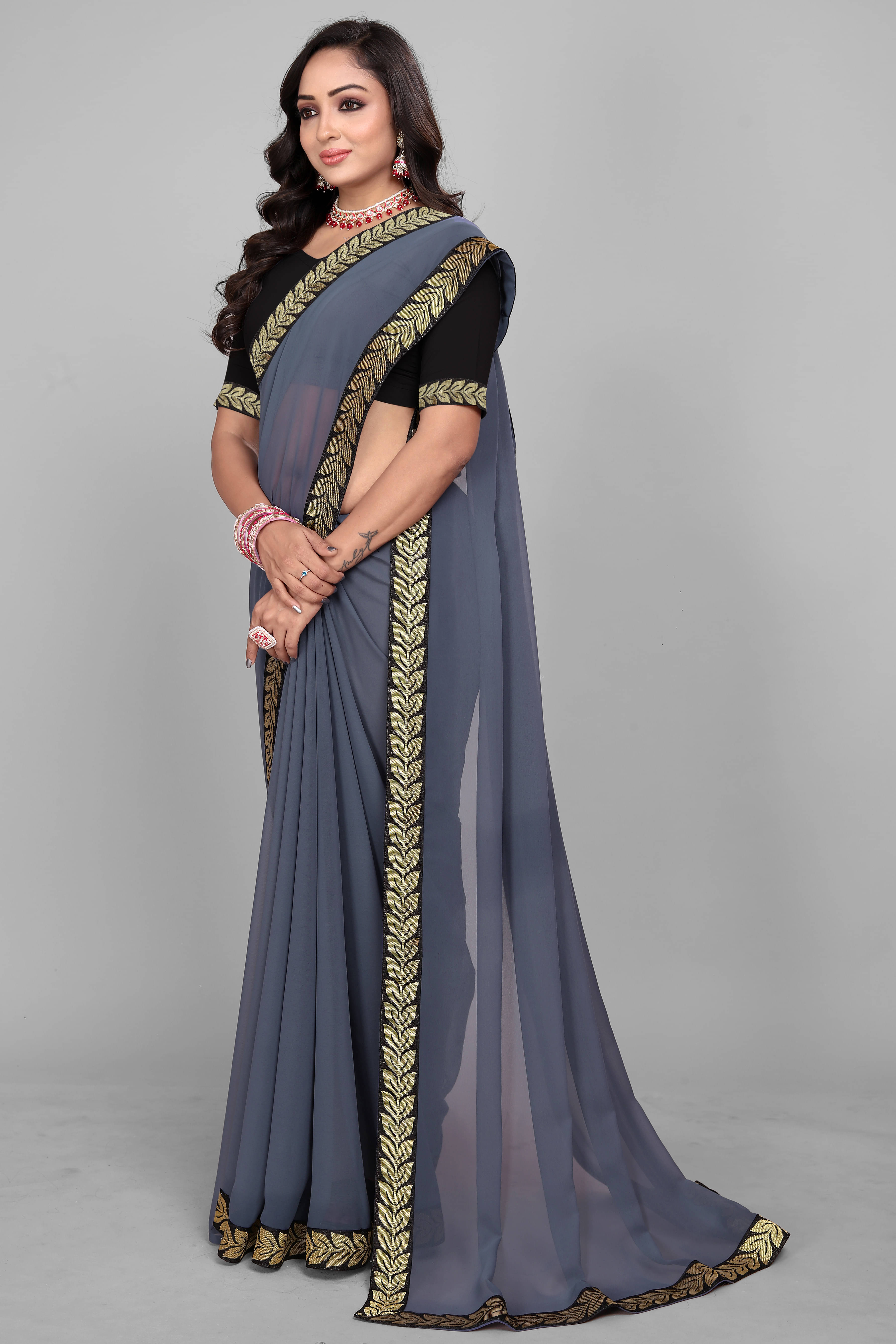     			OM SAI CREATION Georgette Solid Saree With Unstitched Blouse Piece ( Grey )