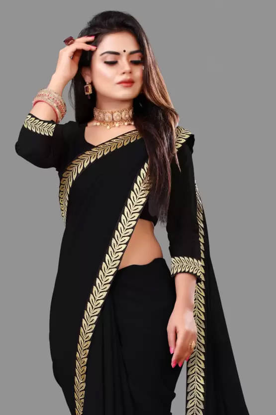     			OM SAI CREATION Georgette Solid Saree With Unstitched Blouse Piece ( Black )