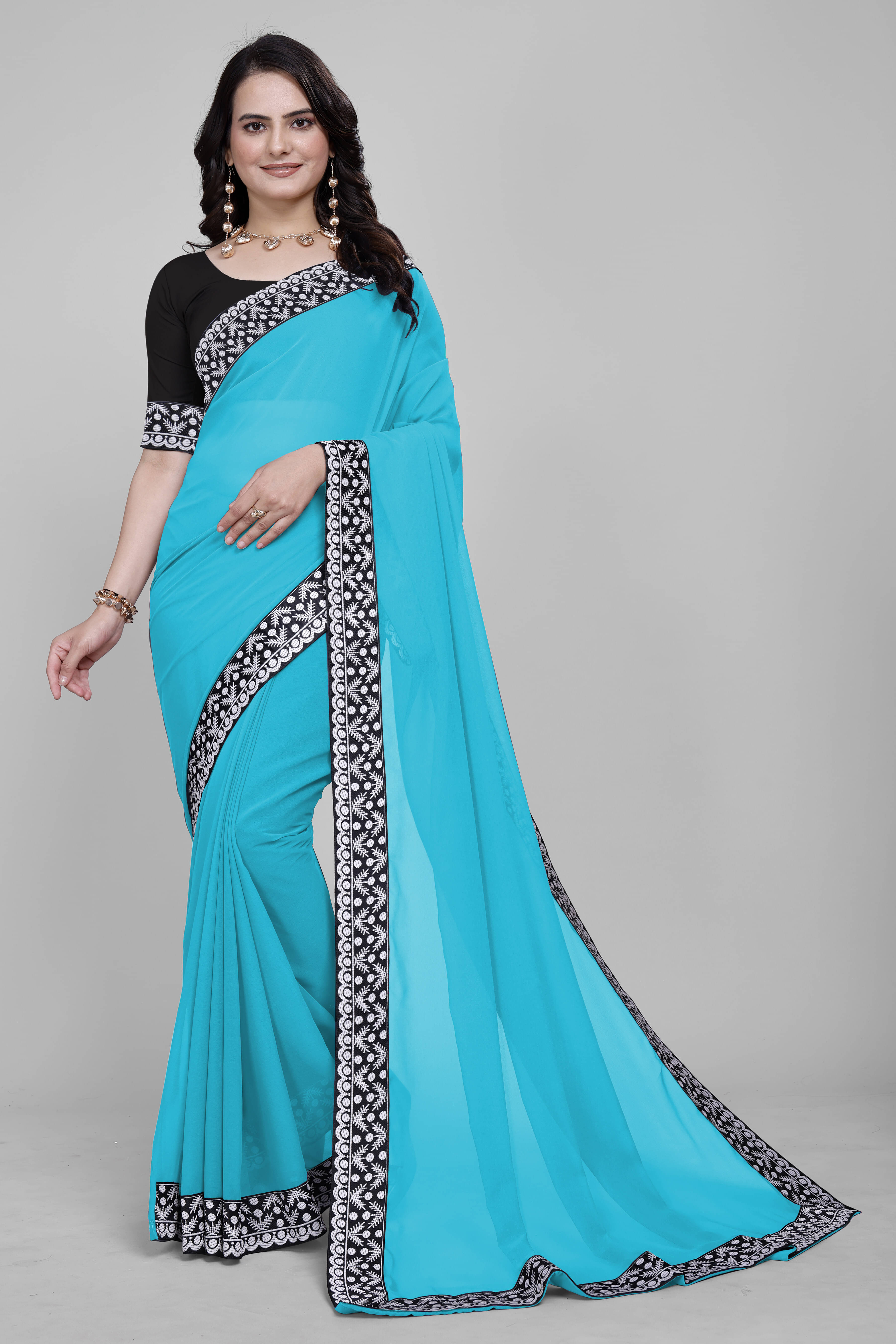     			OM SAI CREATION Georgette Solid Saree With Unstitched Blouse Piece ( Light Blue )