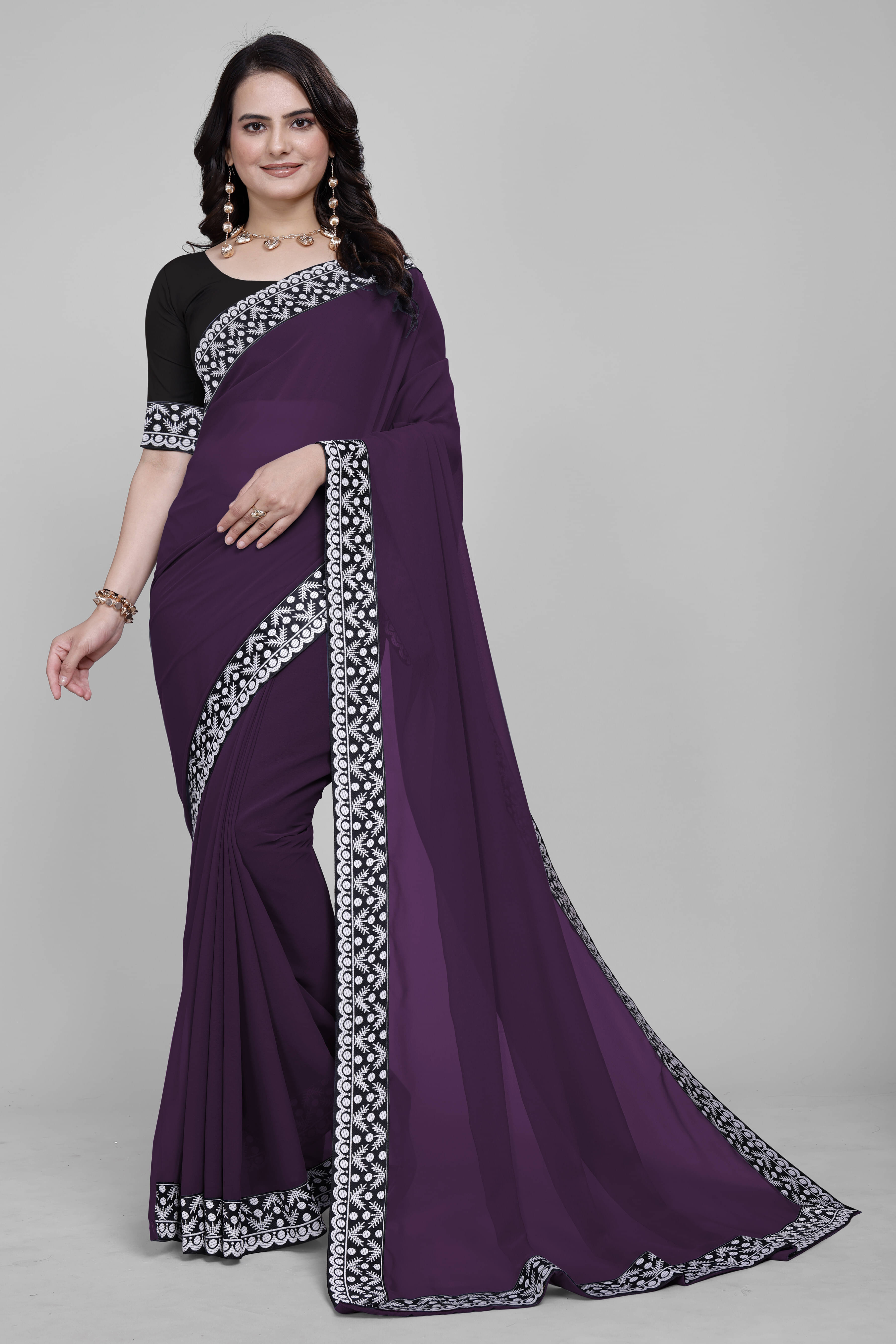     			OM SAI CREATION Georgette Solid Saree With Unstitched Blouse Piece ( Purple )