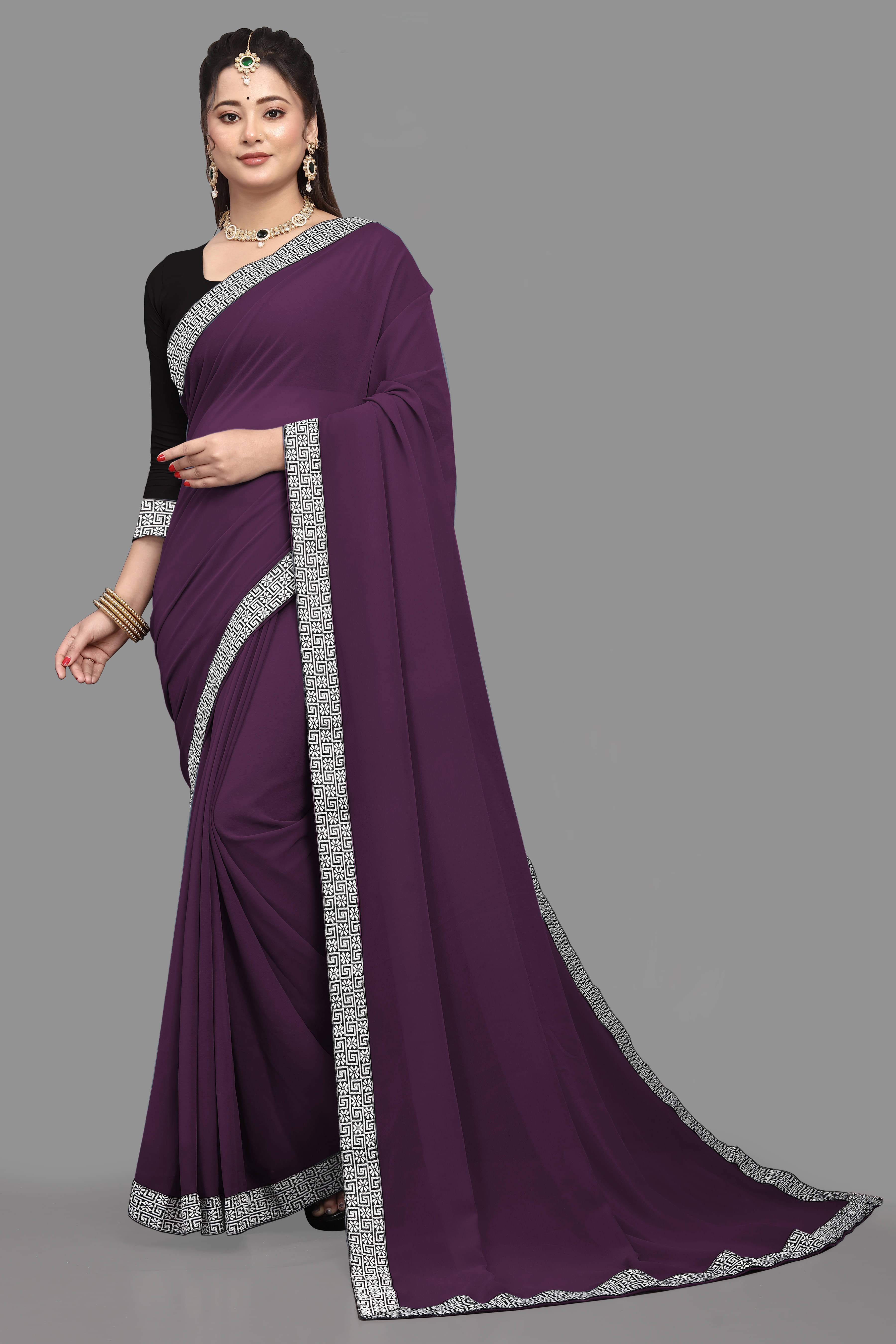 OM SAI CREATION Georgette Solid Saree With Unstitched Blouse Piece ( Purple ) OM SAI CREATION Georgette Solid Saree With Unstitched Blouse Piece ( Purple )
