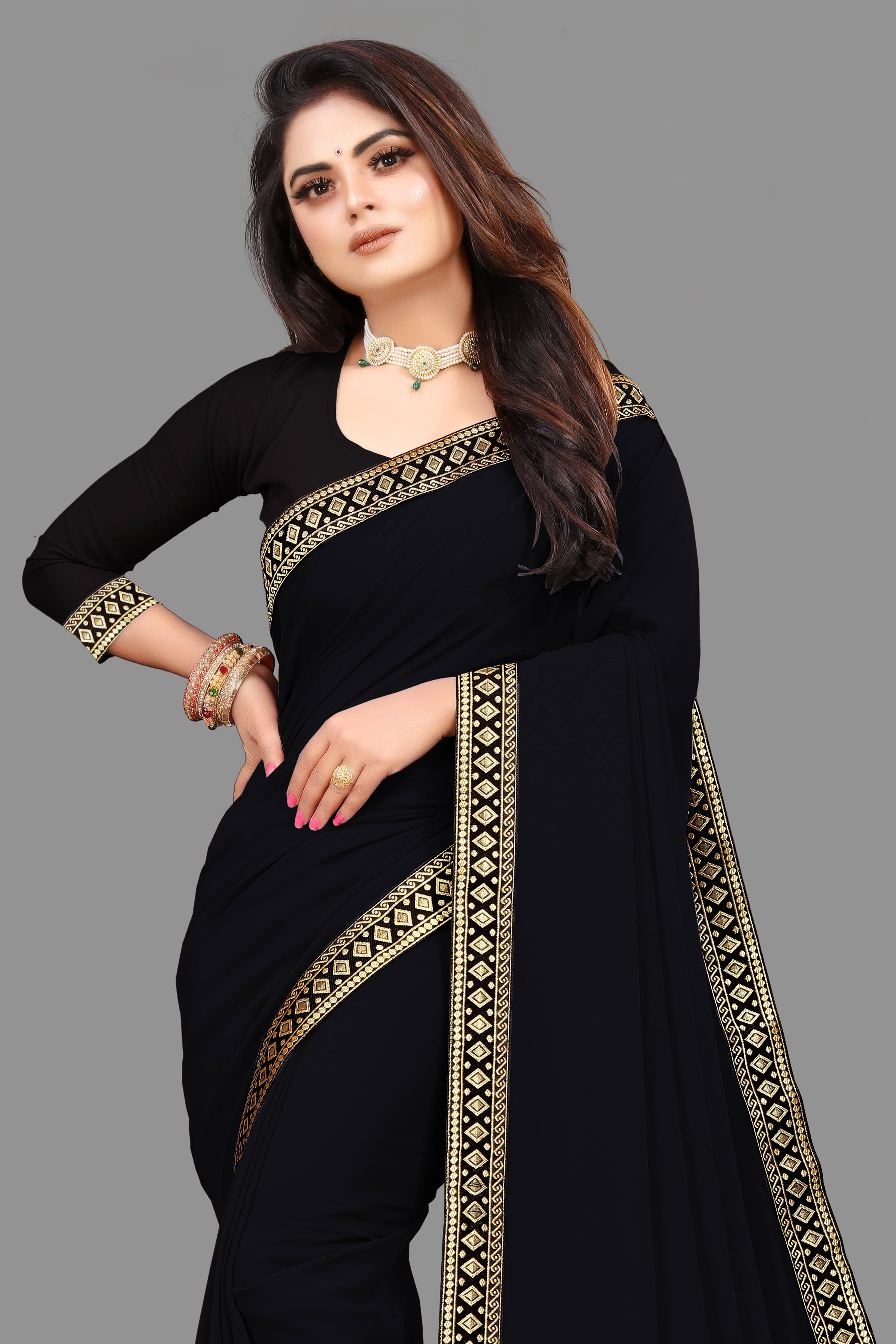 OM SAI CREATION Georgette Solid Saree With Unstitched Blouse Piece ( Black ) OM SAI CREATION Georgette Solid Saree With Unstitched Blouse Piece ( Black )
